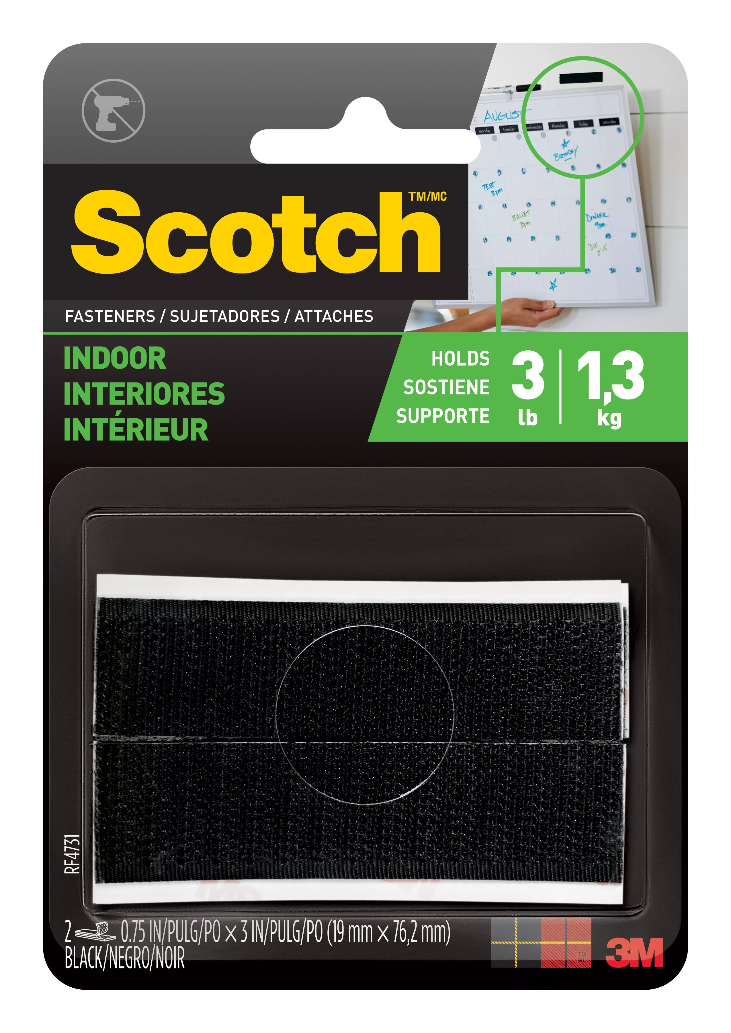 Scotch™ Indoor Fasteners RF4731, 3/4 in x 3 in (19,0 mm x 76,2 mm),
Black, 2 Sets of Strips
