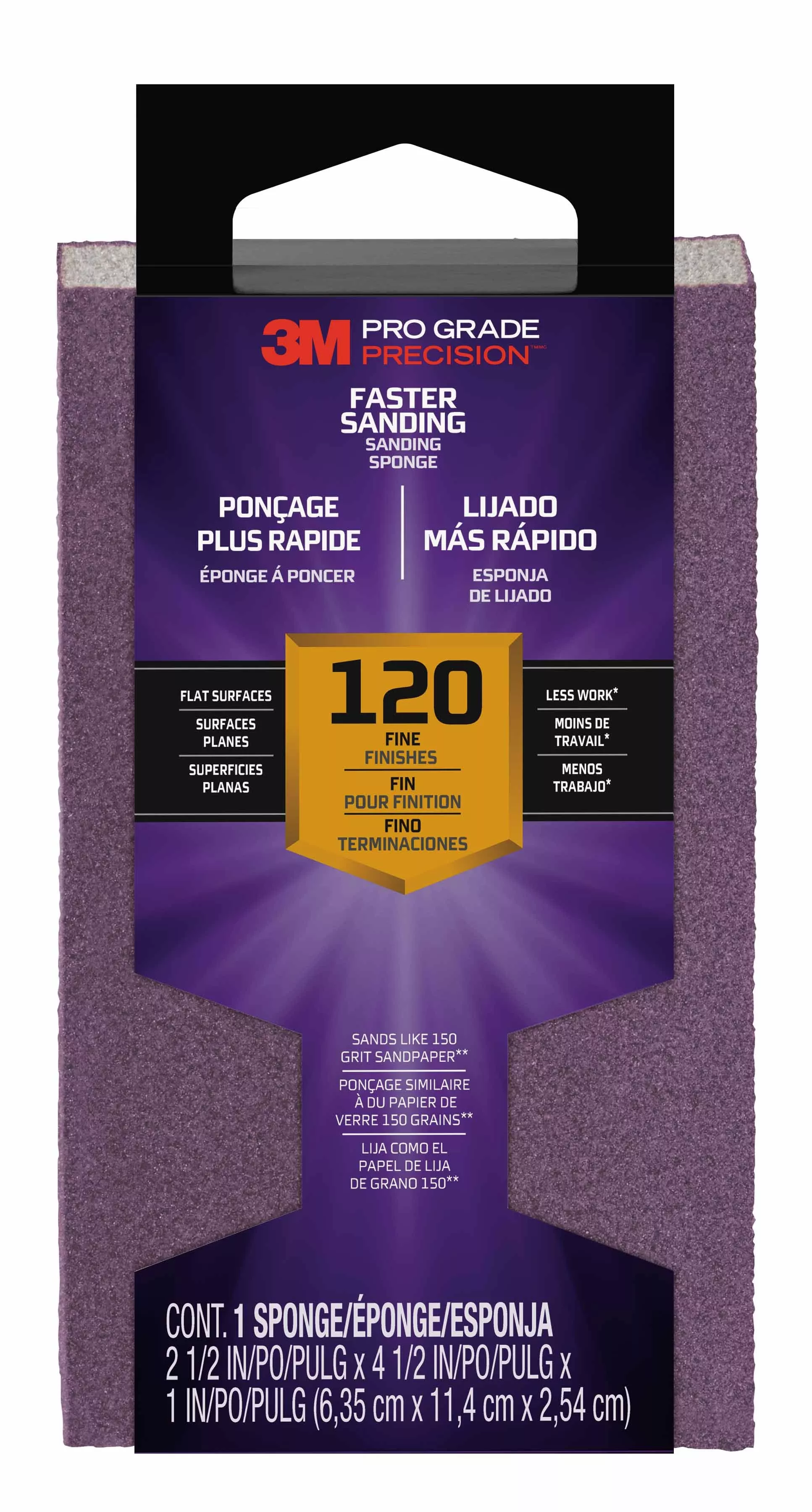 3M™ Pro Grade Precision™ Faster Sanding Block Sponge, 24001TRI-F-B, 2.5
in x 4.5 in x 1 in, 120 grit, Fine, 12/cs