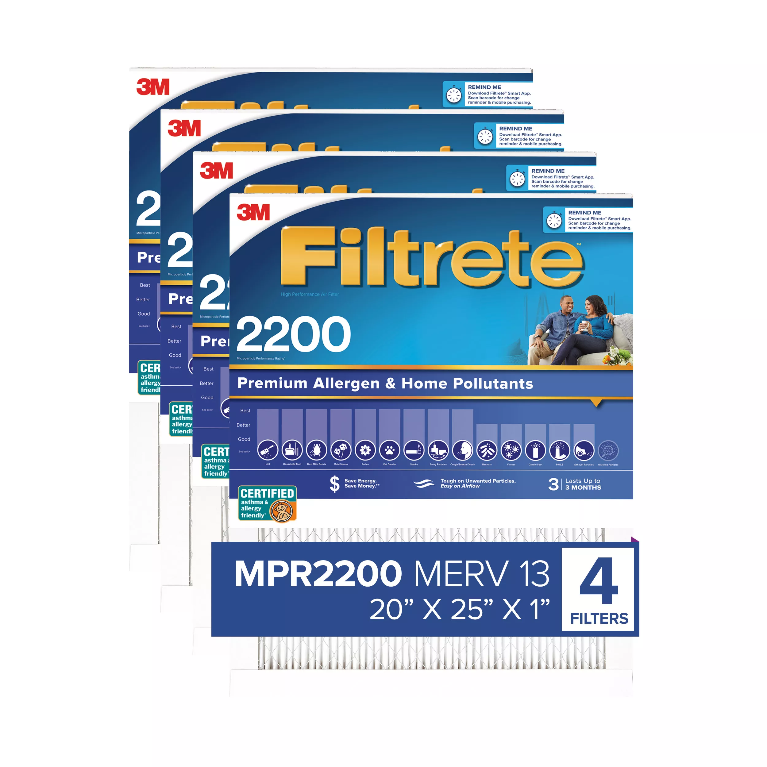 Filtrete™ High Performance Air Filter 2200 MPR EA03-4, 20 in x 25 in x 1 in (50.8 cm x 63.5 cm x 2.5 cm)