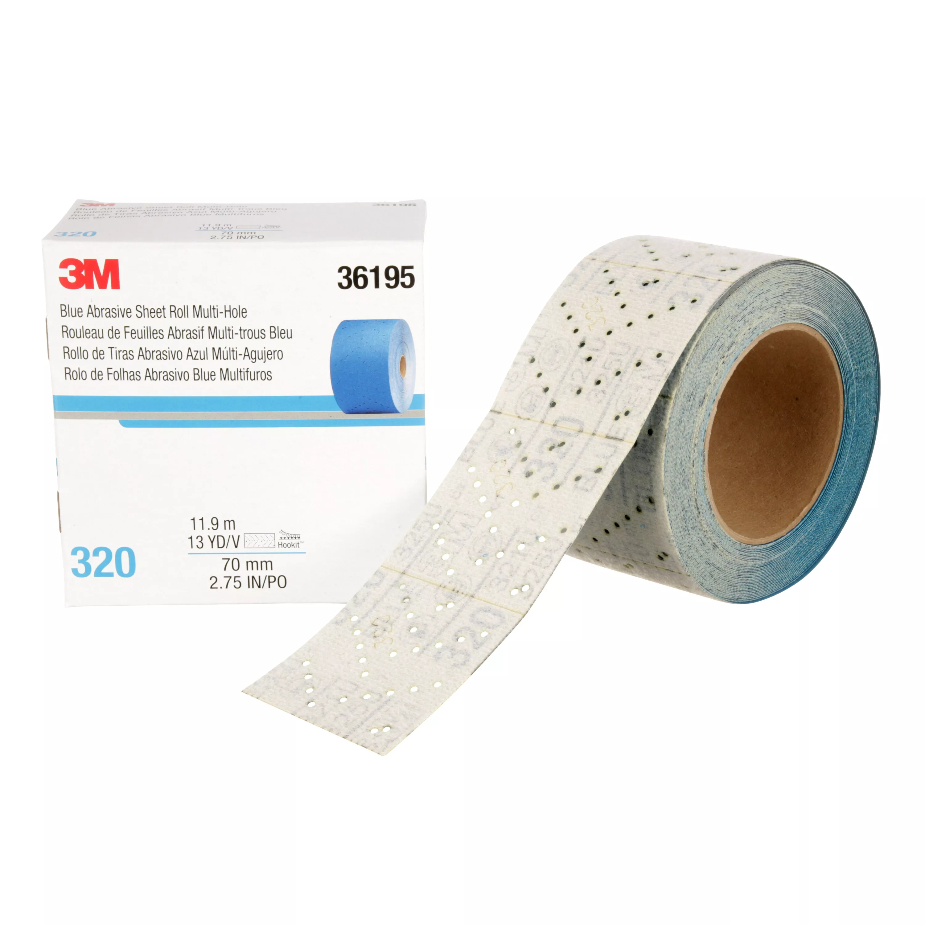 3M™ Hookit™ Blue Abrasive Sheet Roll, 36195, 320 grade, 2.75 in x 13 yd, Multi-hole, 4 per case