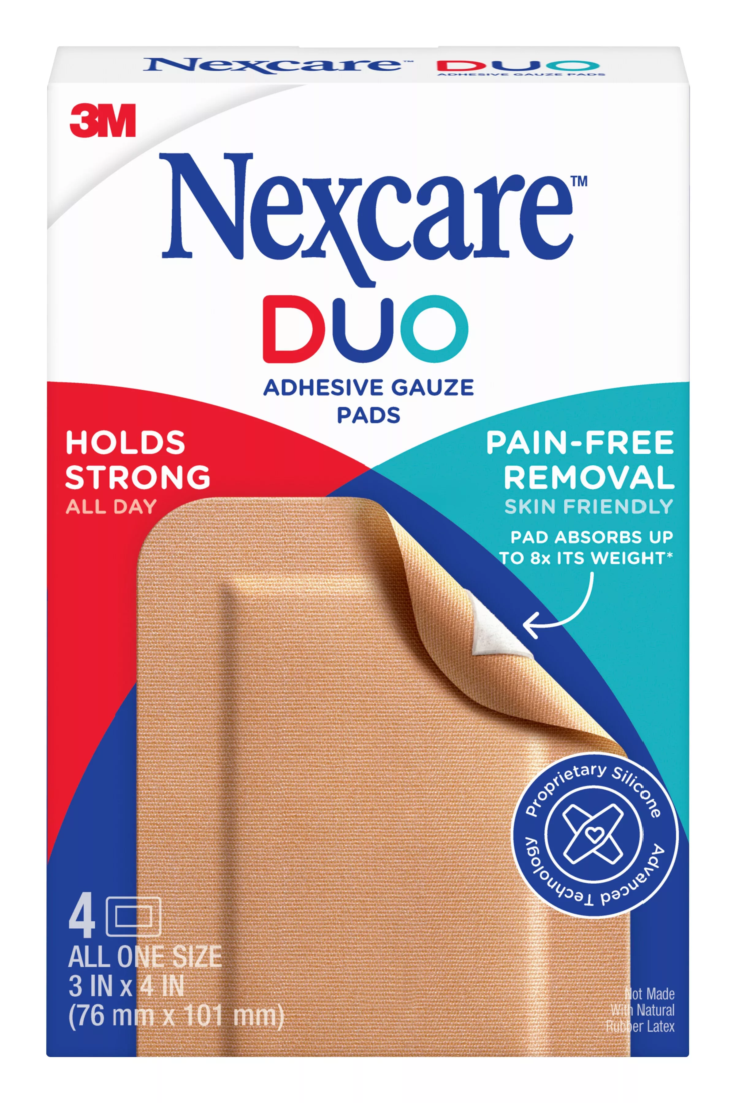 Nexcare™ Duo Adhesive Gauze Pads DSA34-4, 3 in x 4 in (76 mm x 101 mm), 4/pk