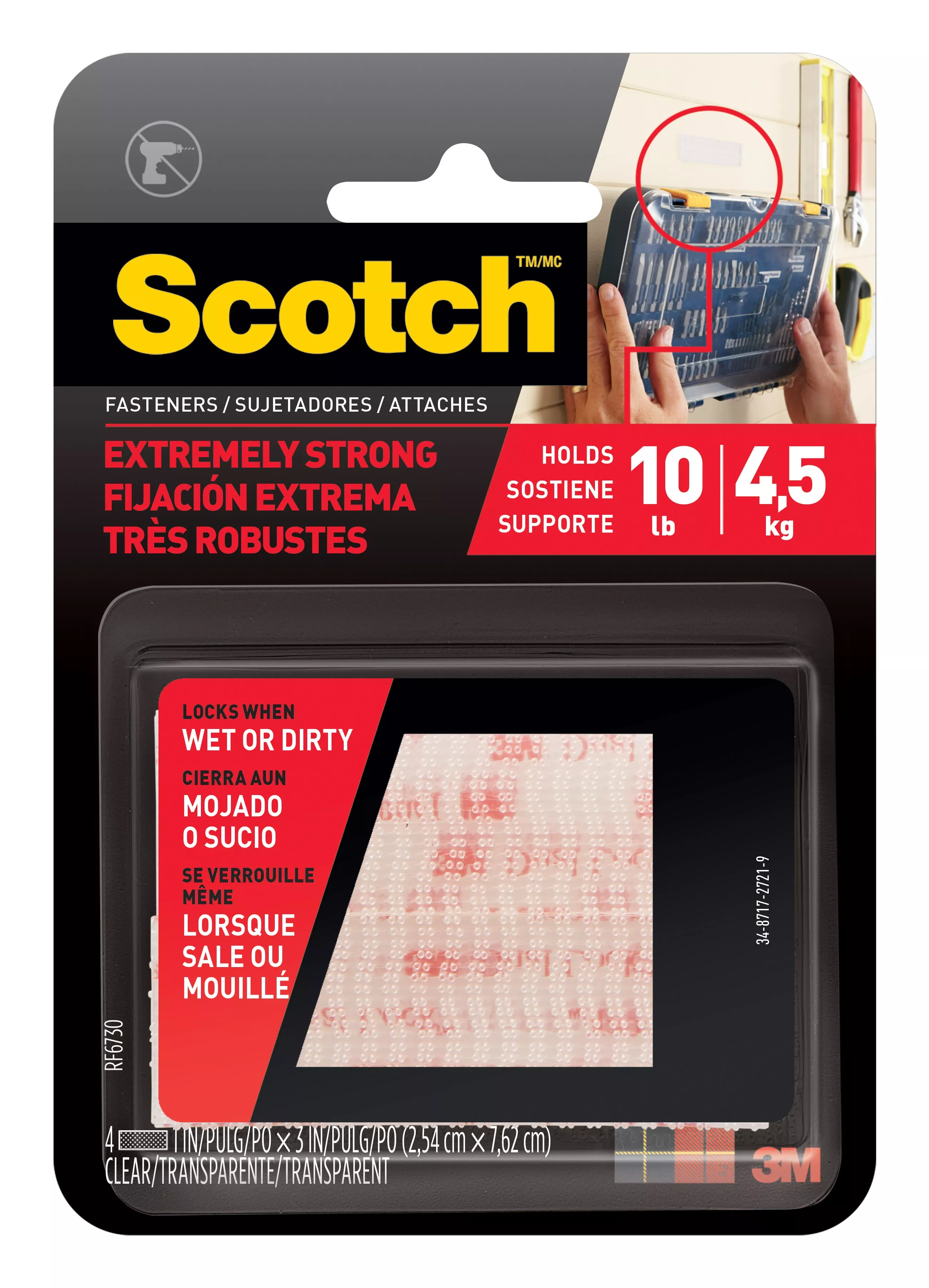Scotch™ Extreme Fasteners RF6730, 1 in x 3 in (25,4 mm x 76,2 mm) , 2
Sets of Strips, Clear