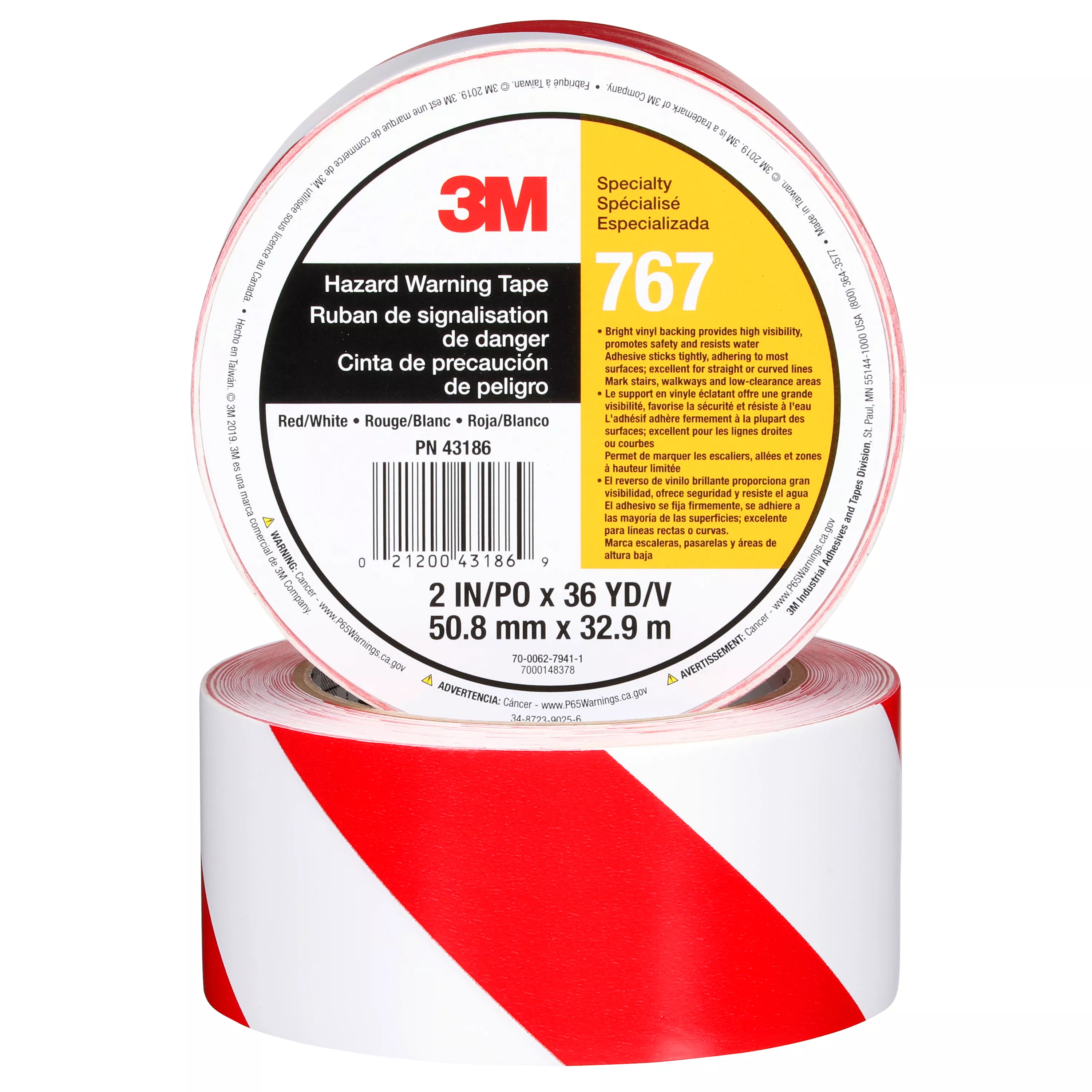 3M™ Safety Stripe Vinyl Tape 767, Red/White, 2 in x 36 yd, 5 mil, 24
Roll/Case, Individually Wrapped Conveniently Packaged