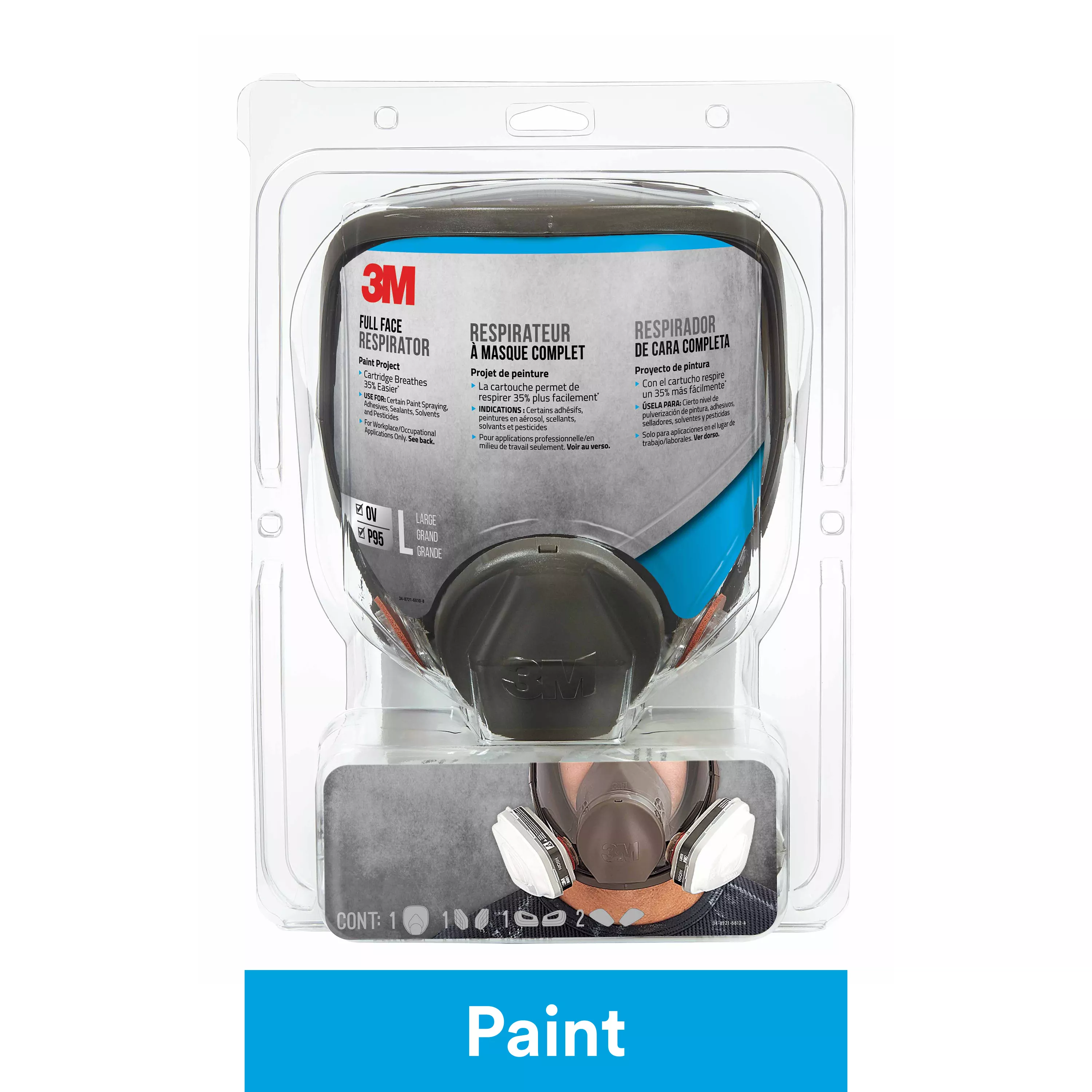 3M™ Full Face Reusable Paint Project Respirator OV/P95, 69P71P1-DC,
Large, 1 each/pack, 2 packs/case
