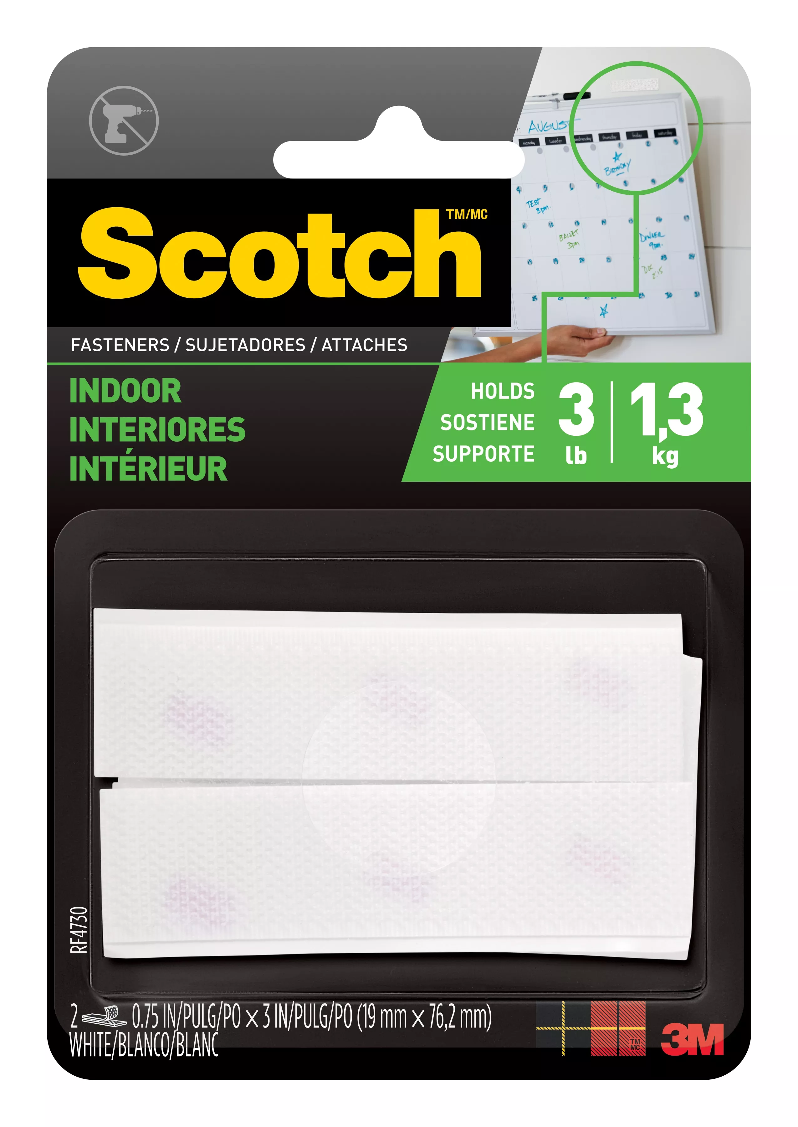 Scotch™ Indoor Fasteners RF4730, 3/4 in x 3 in (19,0 mm x 76,2 mm),
White, 2 Sets of Strips