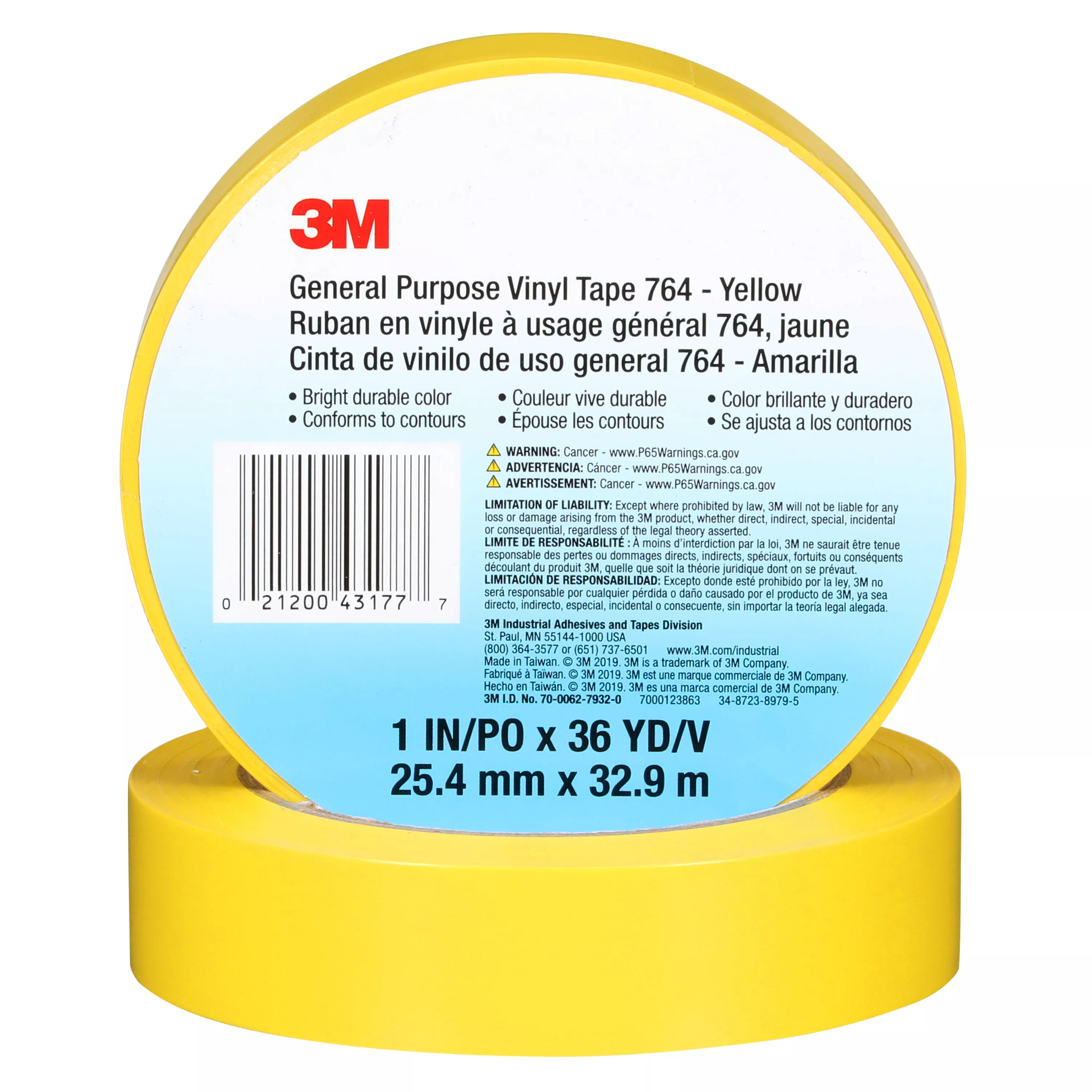 3M™ General Purpose Vinyl Tape 764, Yellow, 1 in x 36 yd, 5 mil, 36 Roll/Case, Individually Wrapped Conveniently Packaged