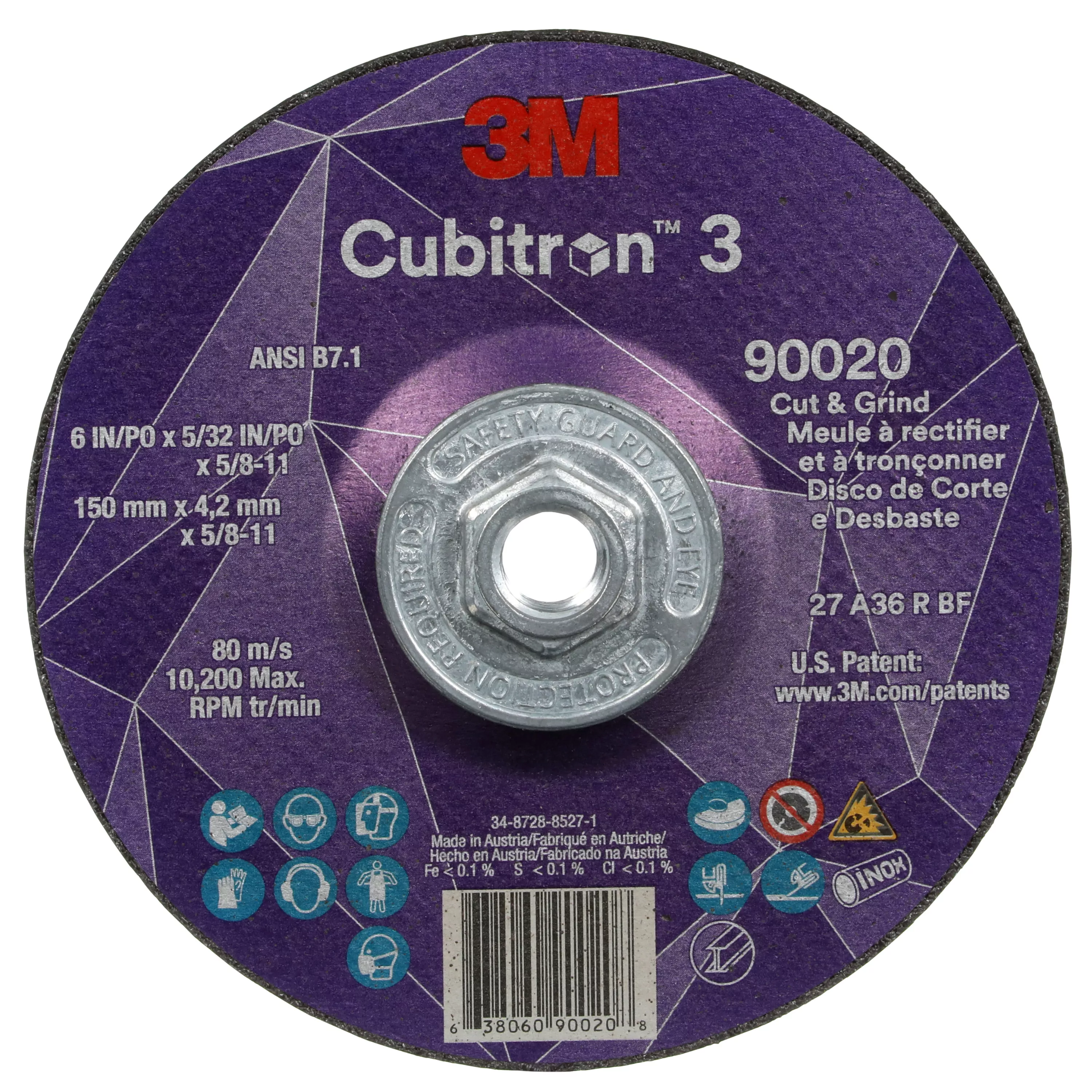 3M™ Cubitron™ 3 Cut and Grind Wheel, 90020, 36+, T27, 6 in x 5/32 in x
5/8 in-11 (150 x 4.2 mm x 5/8-11 in), ANSI, 10 ea/Case