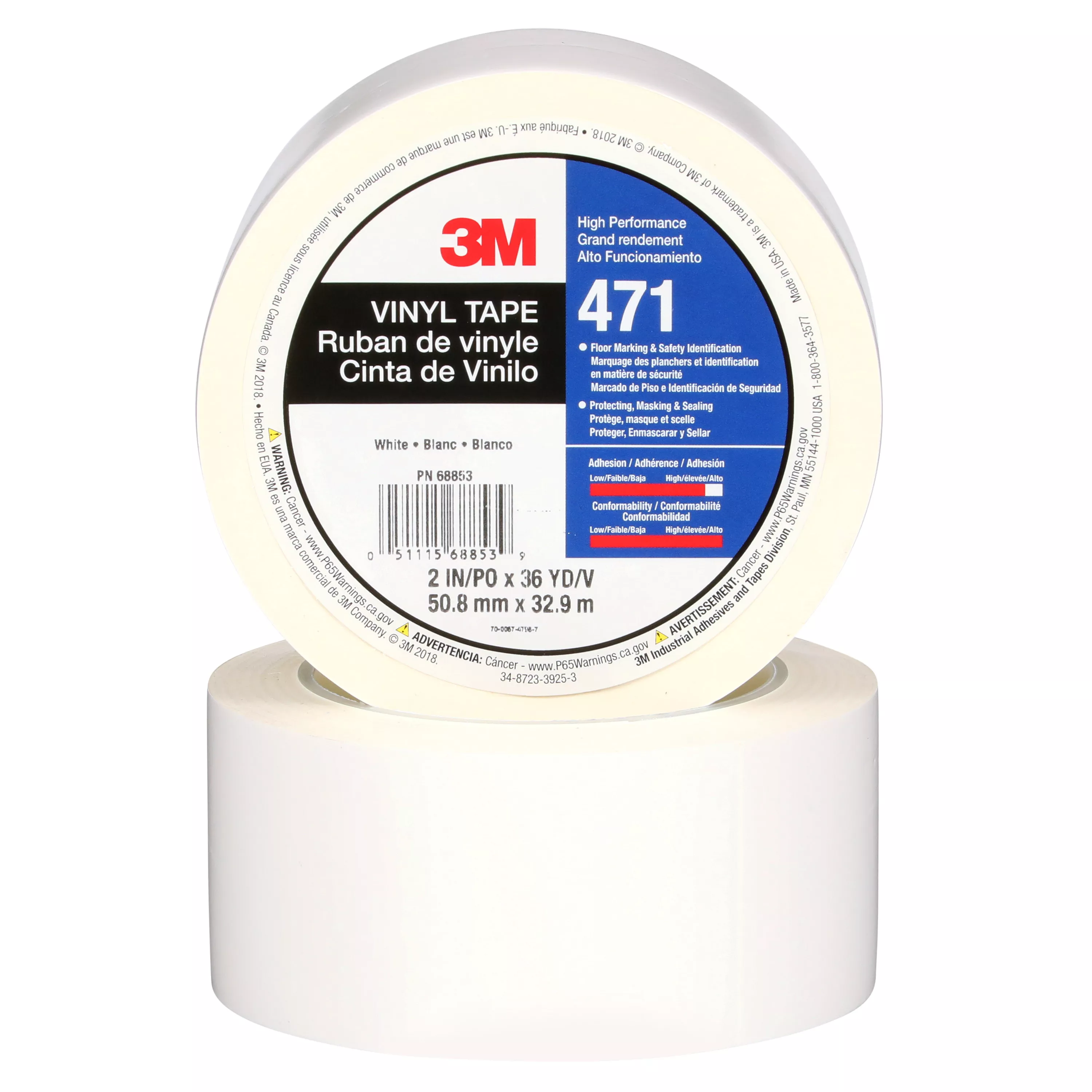 3M™ Vinyl Tape 471, White, 2 in x 36 yd, 5.2 mil, 24 Roll/Case,
Individually Wrapped Conveniently Packaged