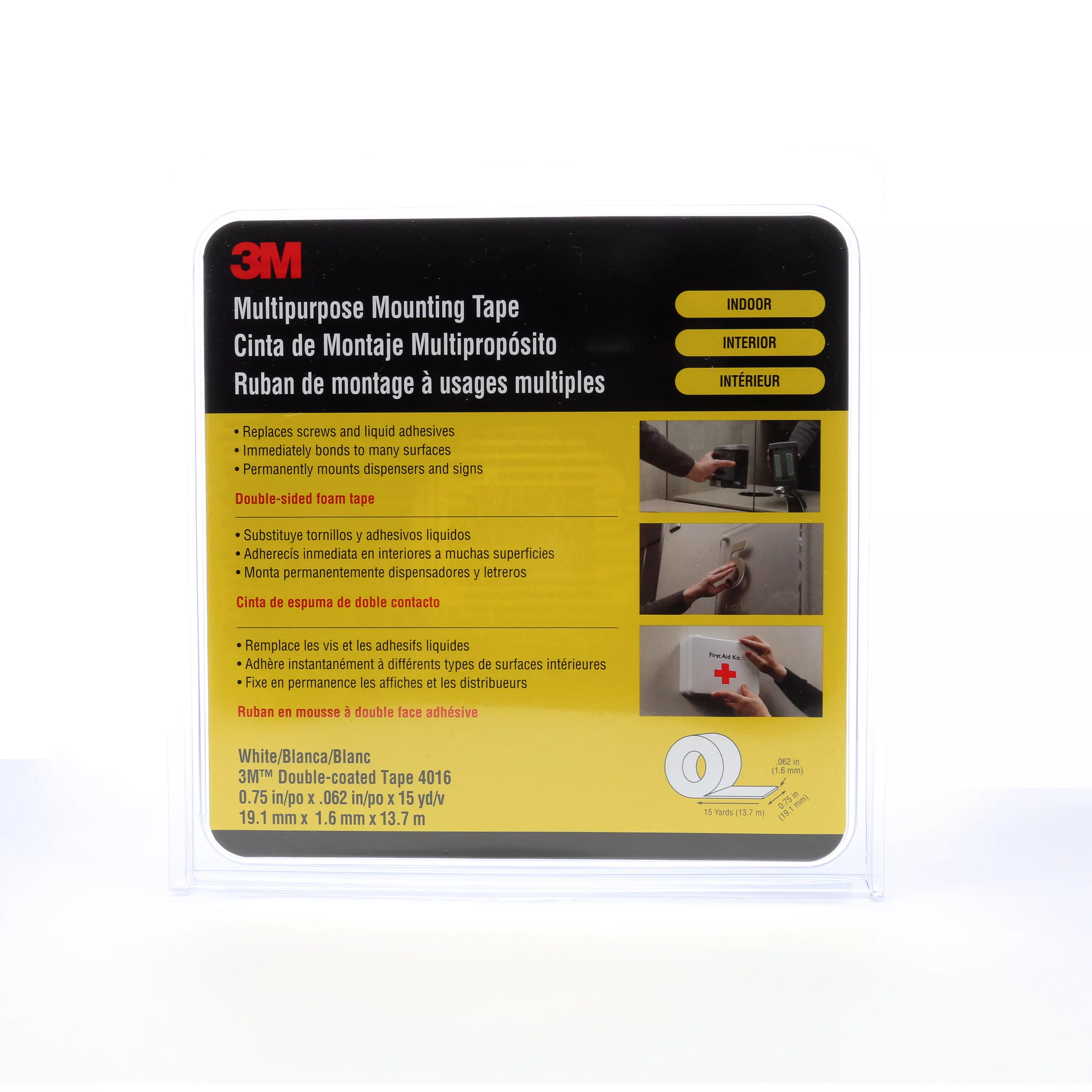 3M™ Multipurpose Mounting Tape 4016, Off White, 3/4 in x 15 yd, 62 mil,
12 Roll/Case