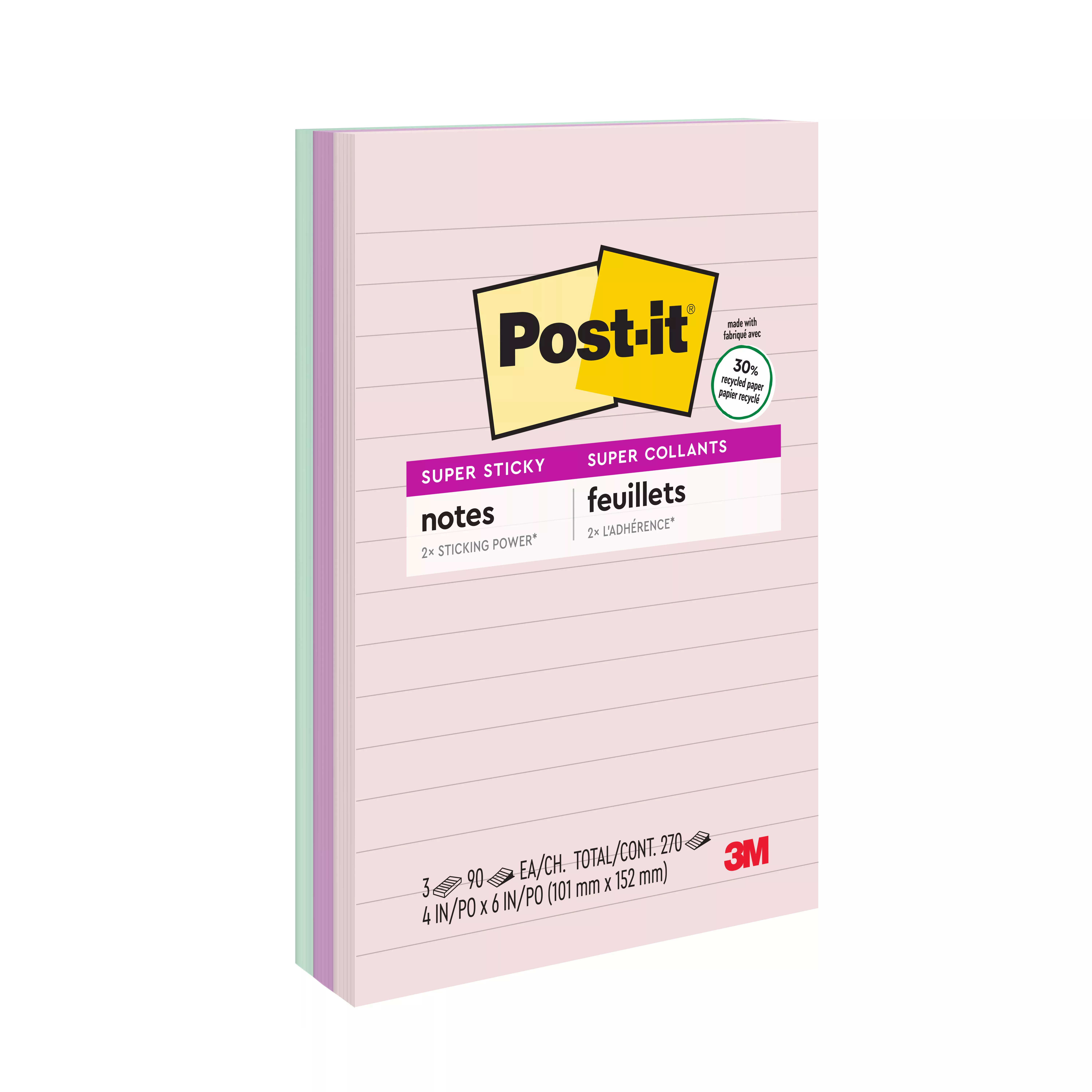 Post-it® Super Sticky Recycled Notes 660-3SSNRP, 4 in x 6 in (101 mm x 152 mm), Wanderlust Pastels Collection