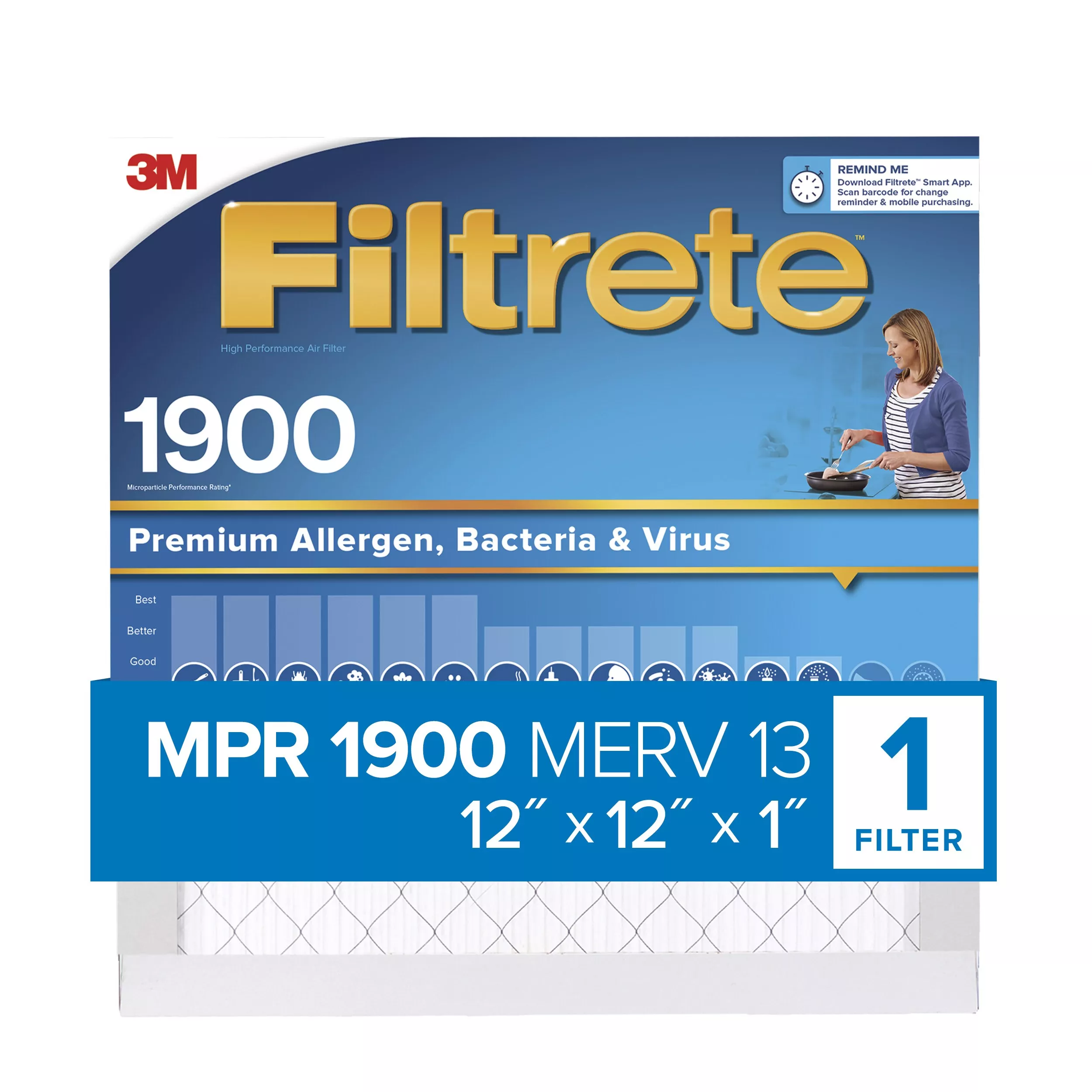 Filtrete™ High Performance Air Filter 1900 MPR UA10DC-6, 12 in x 12 in x 1 in (30.4 cm x 30.4 cm x 2.5 cm)