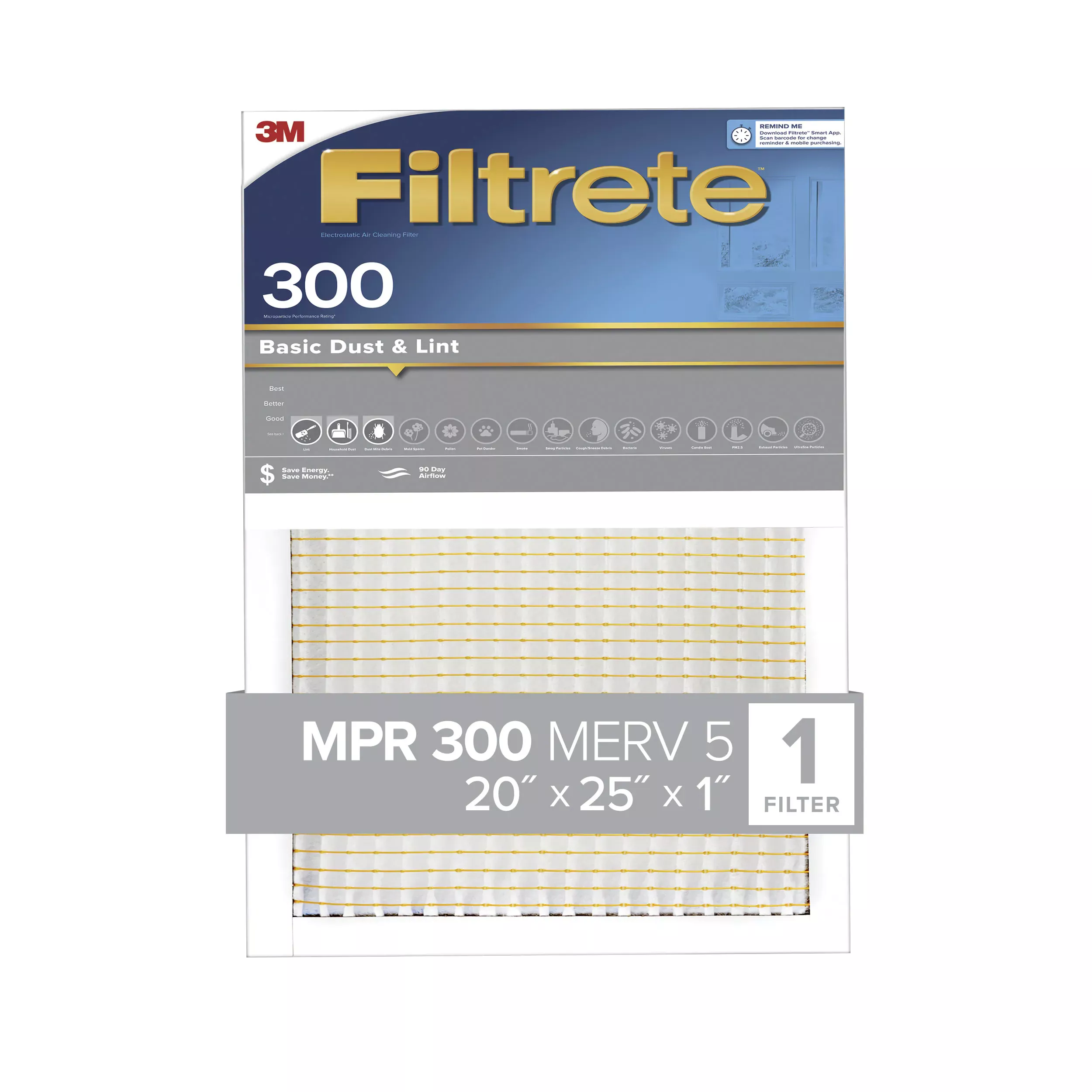 Filtrete™ Basic Dust & Lint Air Filter, 300 MPR, 303-4, 20 in x 25 in x
1 in (50.8 cm x 63.5 cm x 2.5 cm)