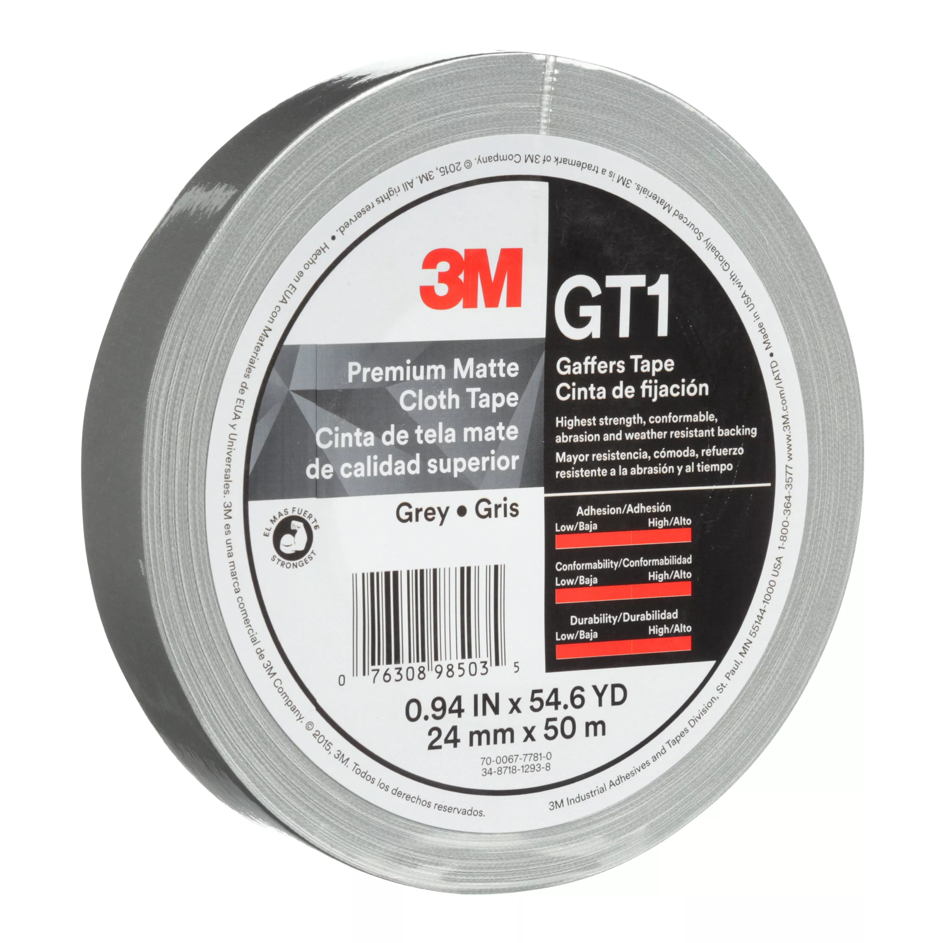 3M™ Premium Matte Cloth (Gaffers) Tape GT1, Gray, 24 mm x 50 m, 11 mil,
48/Case