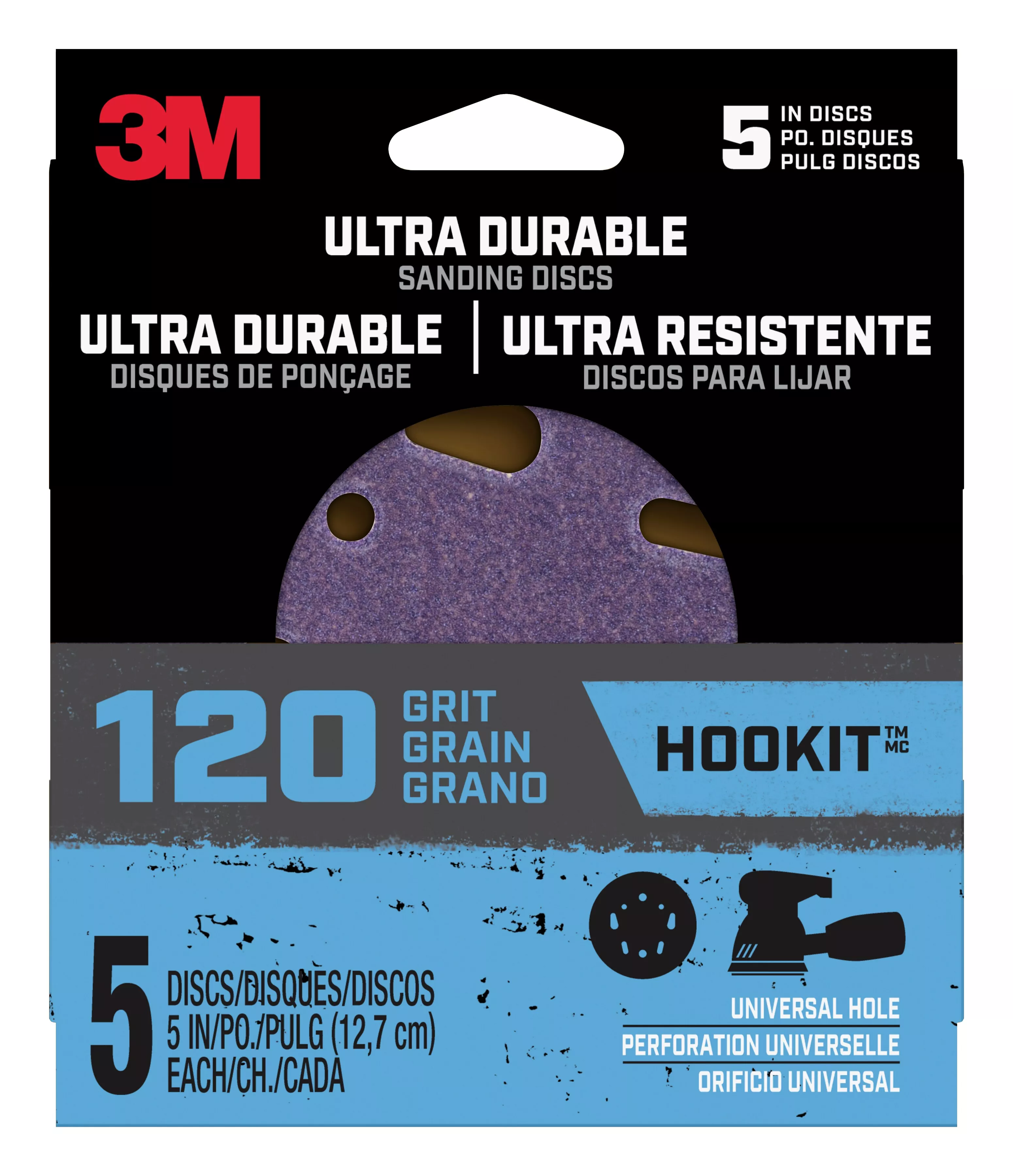 3M™ Ultra Durable 5 inch Power Sanding Discs, Universal Hole, 120 grit,
Disc5in5pk120, 5/pk, 20/case