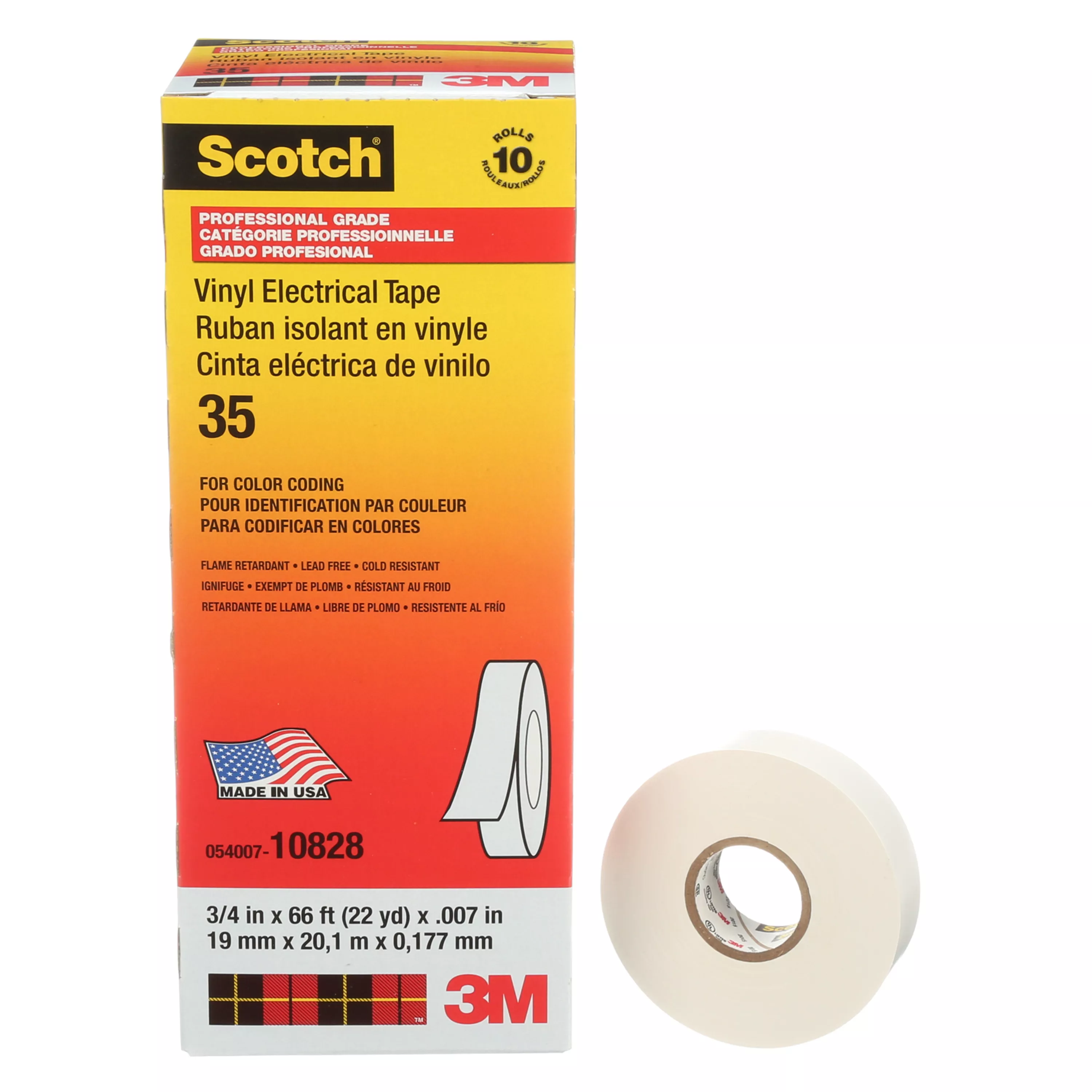 Scotch® Vinyl Color Coding Electrical Tape 35, 3/4 in x 66 ft, White, 10
rolls/carton, 100 rolls/Case
