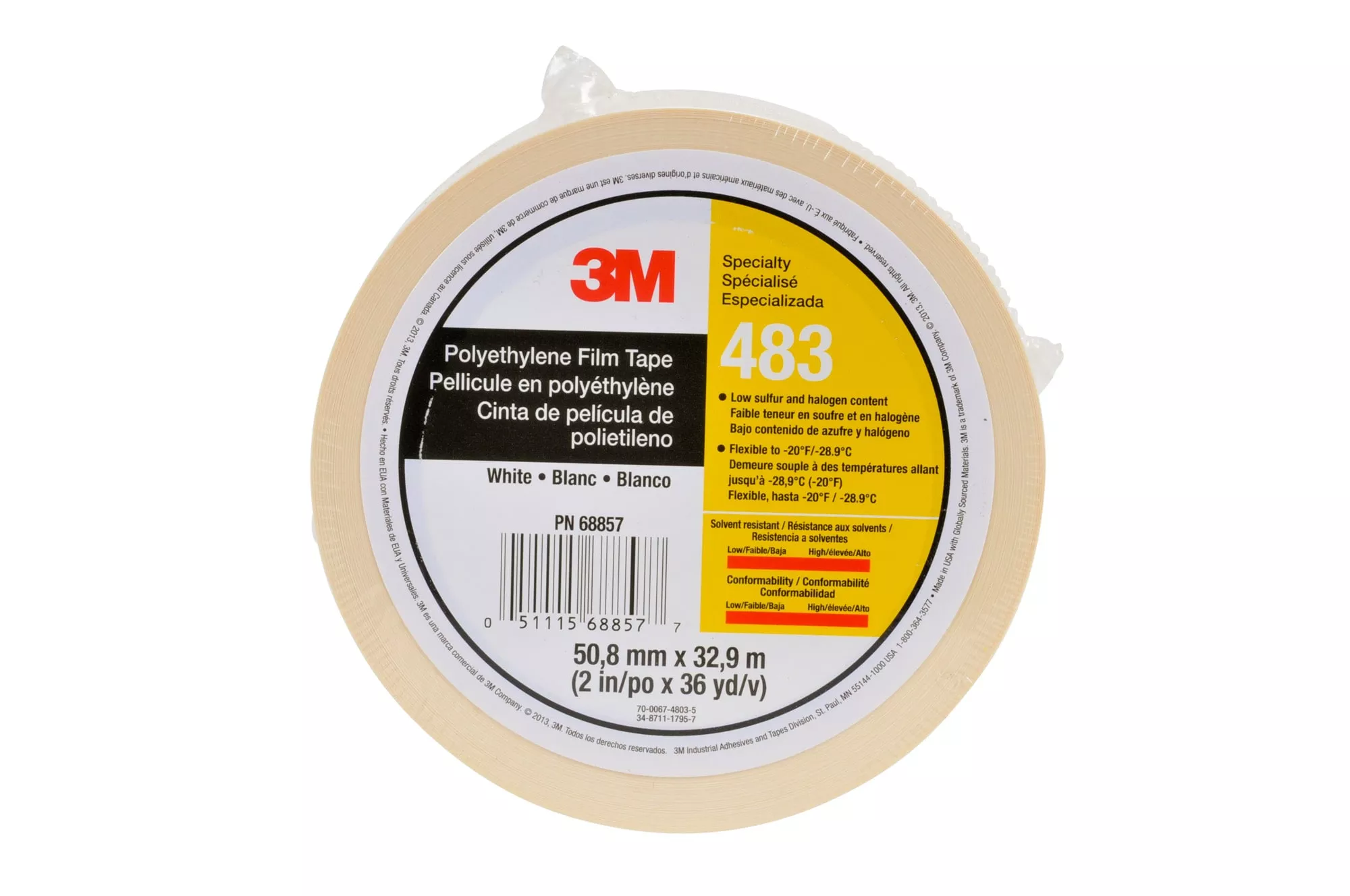 3M™ Polyethylene Tape 483, White, 2 in x 36 yd, 5.0 mil, 24 Roll/Case,
Individually Wrapped Conveniently Packaged