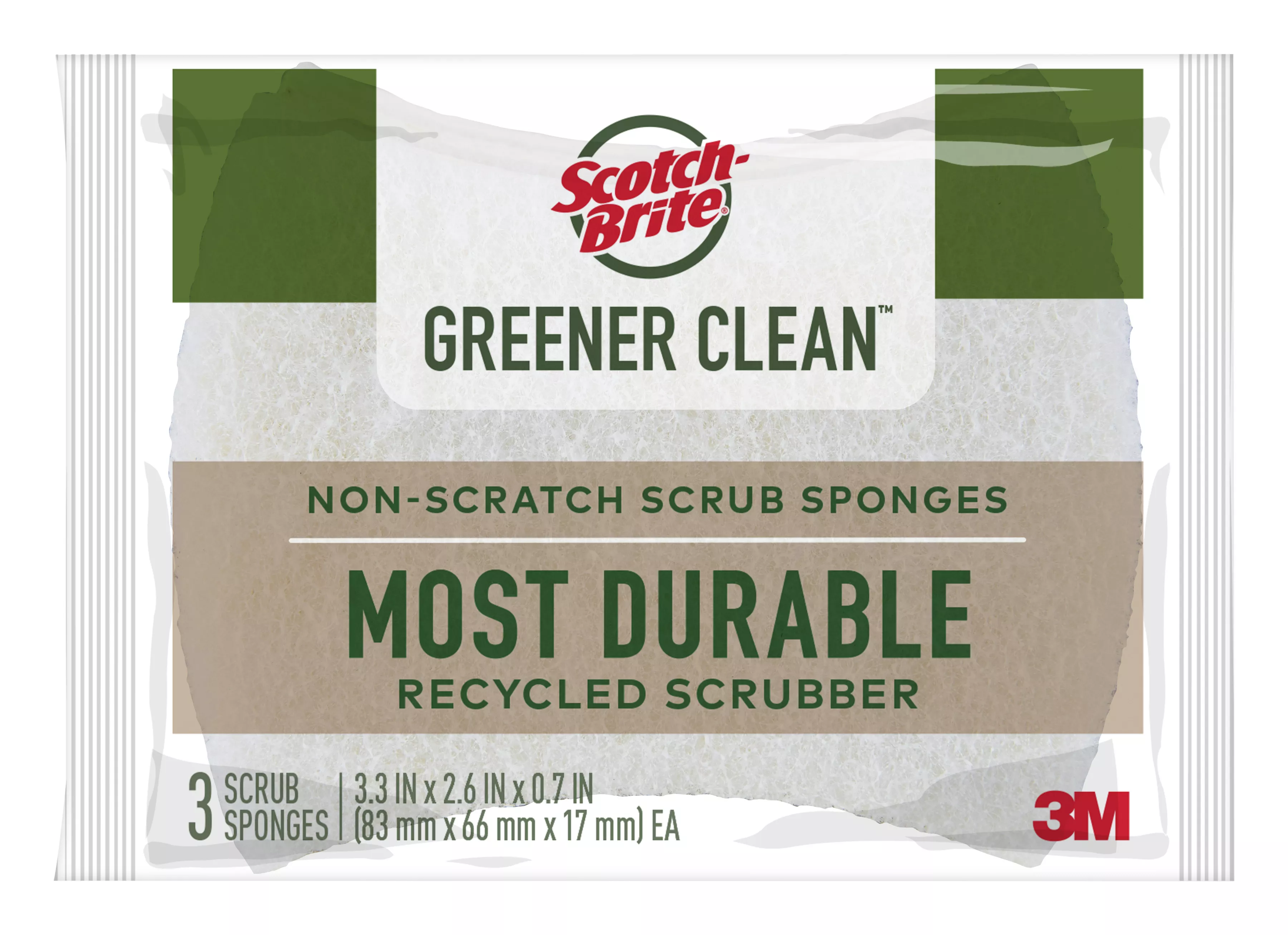 Scotch-Brite® Greener Clean™ Non-Scratch Scrub Sponge 97033-UG, 3.3 in x 2.6 in x 0.7 in (83 mm x 66 mm x 17 mm), 8/3