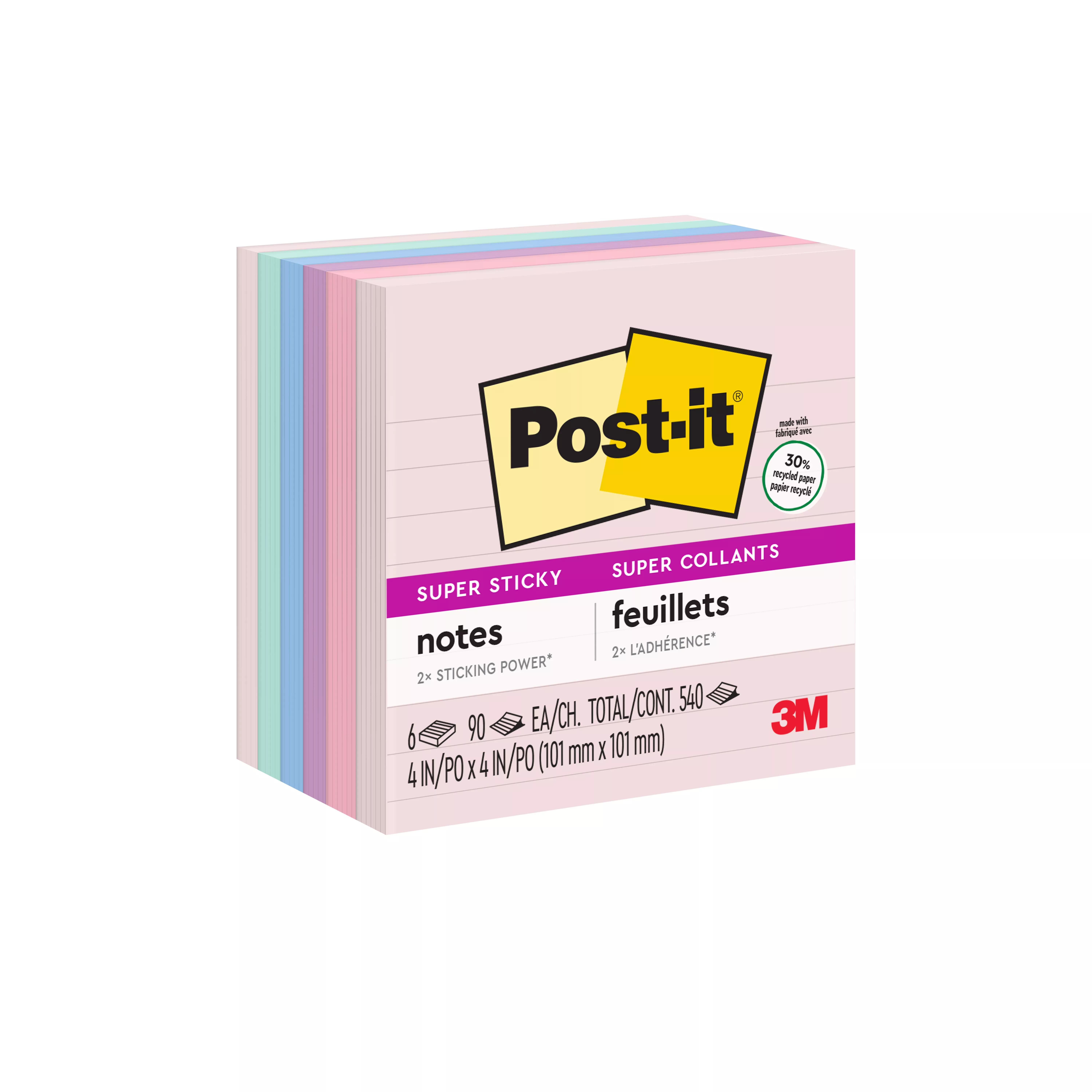 Post-it® Super Sticky Recycled Notes 675-6SSNRP, 4 in x 4 in (101 mm x 101 mm), Wanderlust Pastels Collection, Lined, 6 Pads/Pack