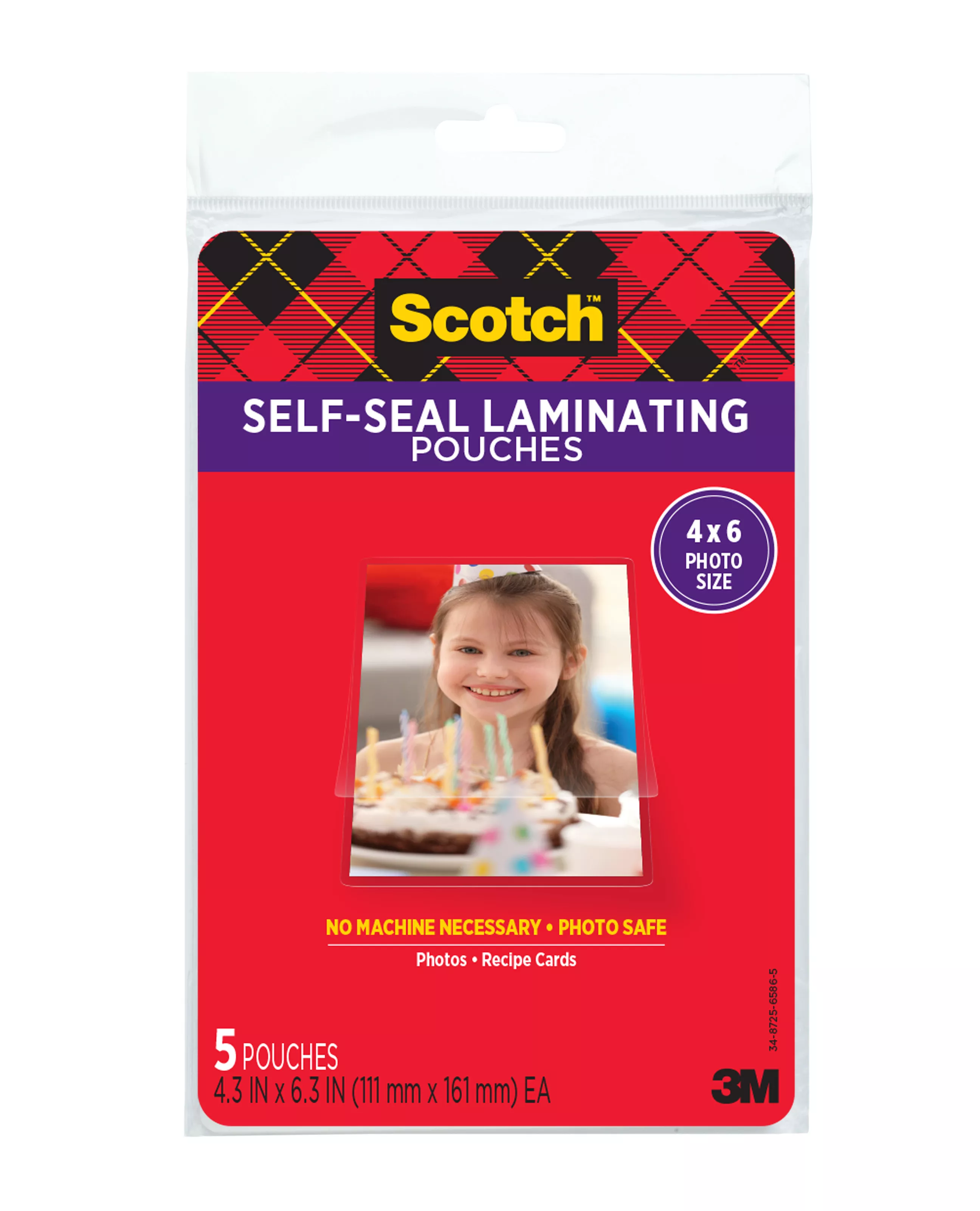 PL900G-SR Scotch ™ Self-Sealing Laminating Pouches 4.3 in x 6.3 in (111 mm x 161 mm) Gloss Finish 4 x 6