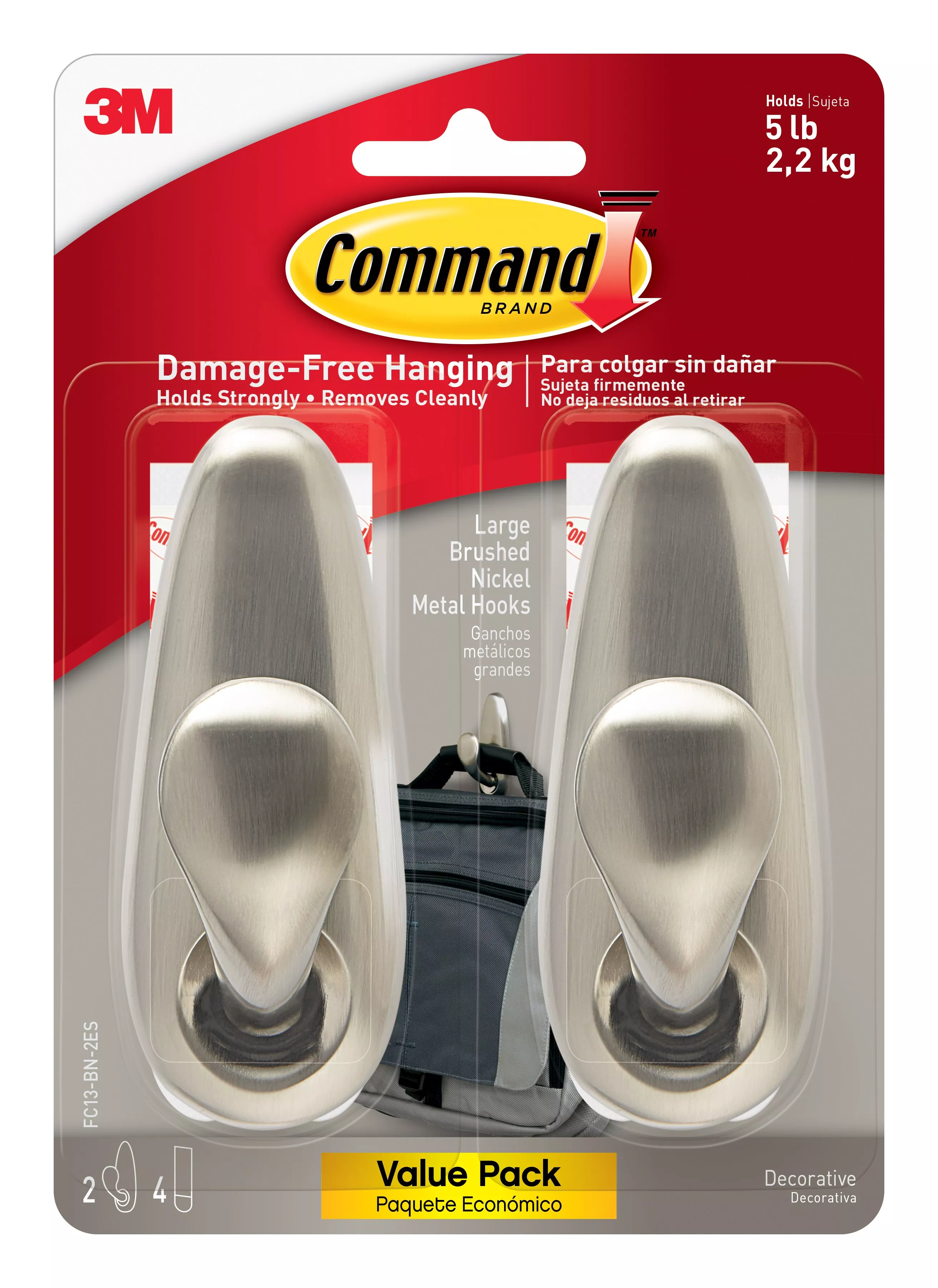 Command™ Large Forever Classic Brushed Nickel Metal Hook 2 pack FC13-BN-2ES