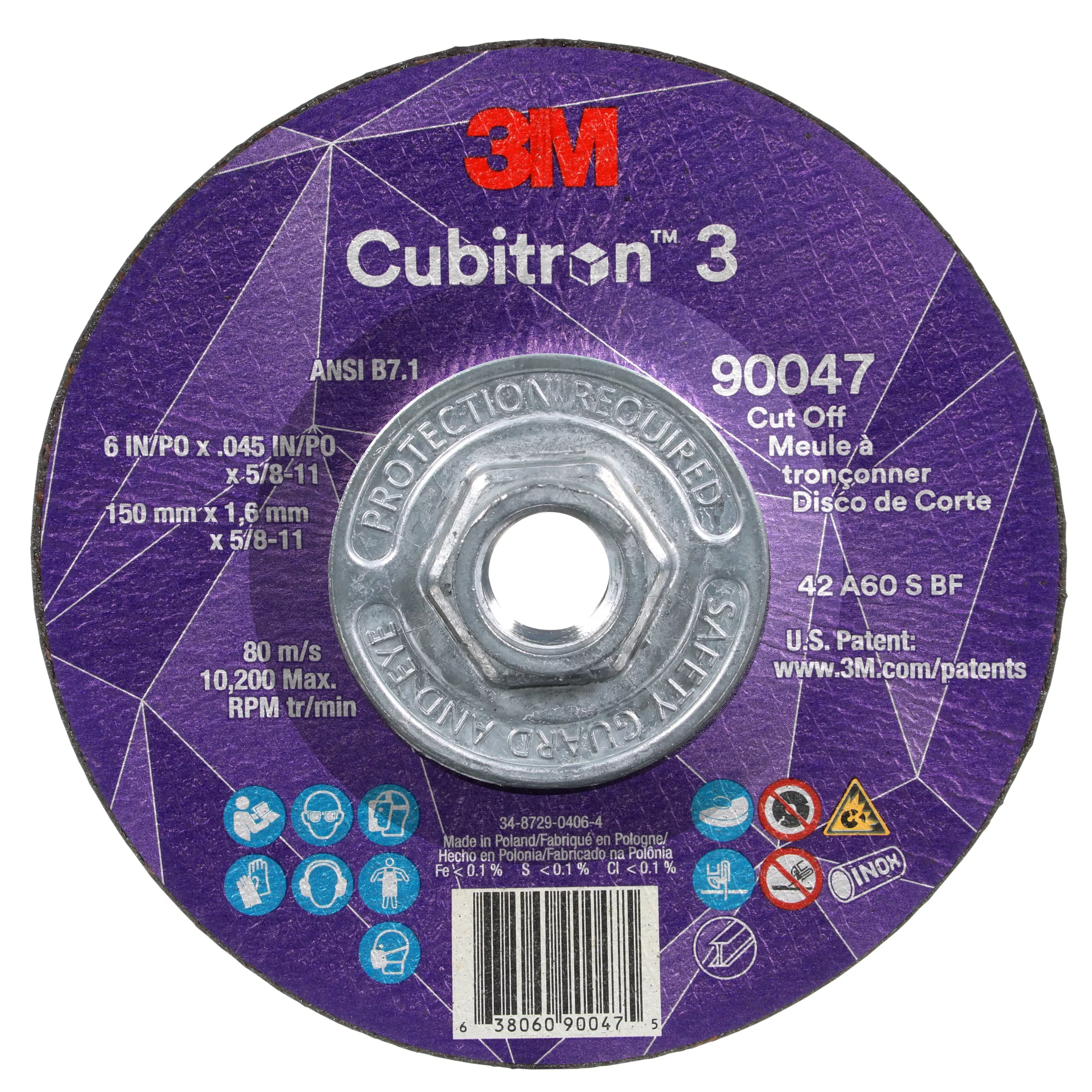3M™ Cubitron™ 3 Cut-Off Wheel, 90047, 60+, T27, 6 in x 0.045 in x 5/8
in-11 (150 x 1.6 mm x 5/8-11 in), ANSI, 10 ea/Case