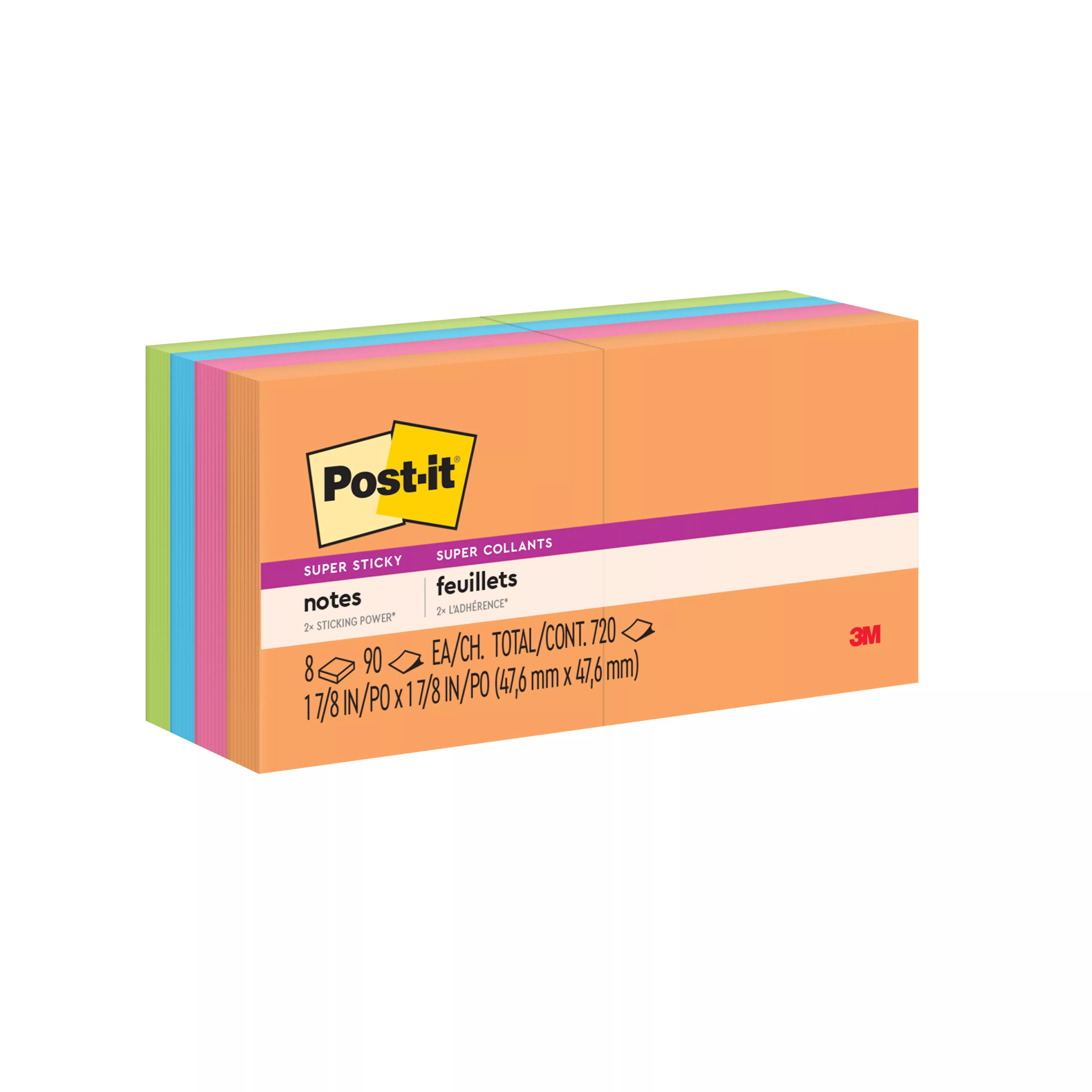 Post-it® Super Sticky Notes 622-6SSAU, 2 in x 2 in (47.6 mm x 47.6 mm) Energy Boost, 8 Pads/Pack, 45 Sheets/Pad