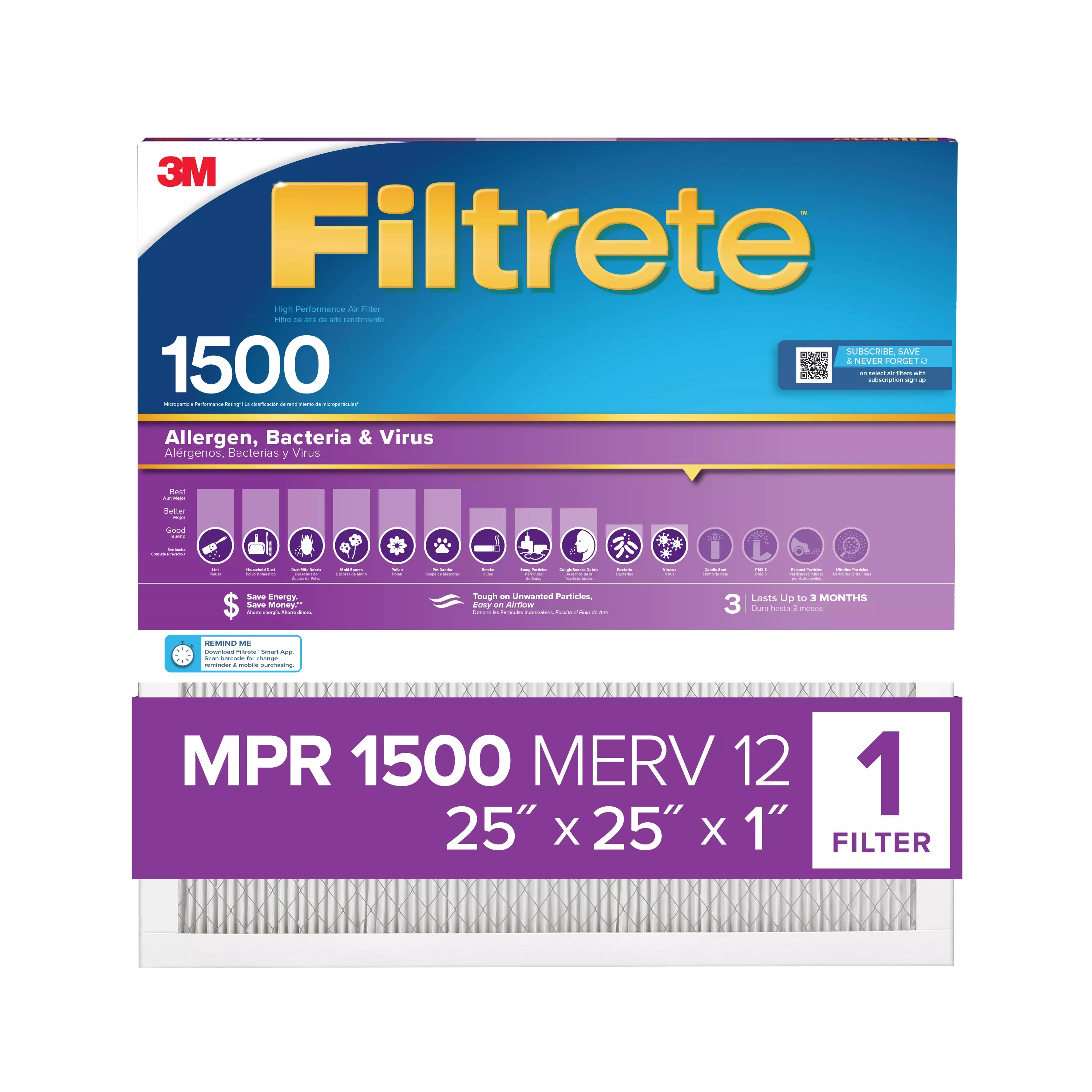 Filtrete™ High Performance Air Filter 1500 MPR 2015DC-4, 25 in x 25 in x 1 in (63.5 cm x 63.5 cm x 2.5 cm)