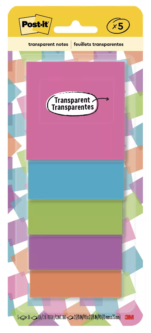 Post-it® Transparent Notes 600-5COL, 2-7/8 in x 2-7/8 in (73 mm x 73 mm) 36 Sheet, 5 pack