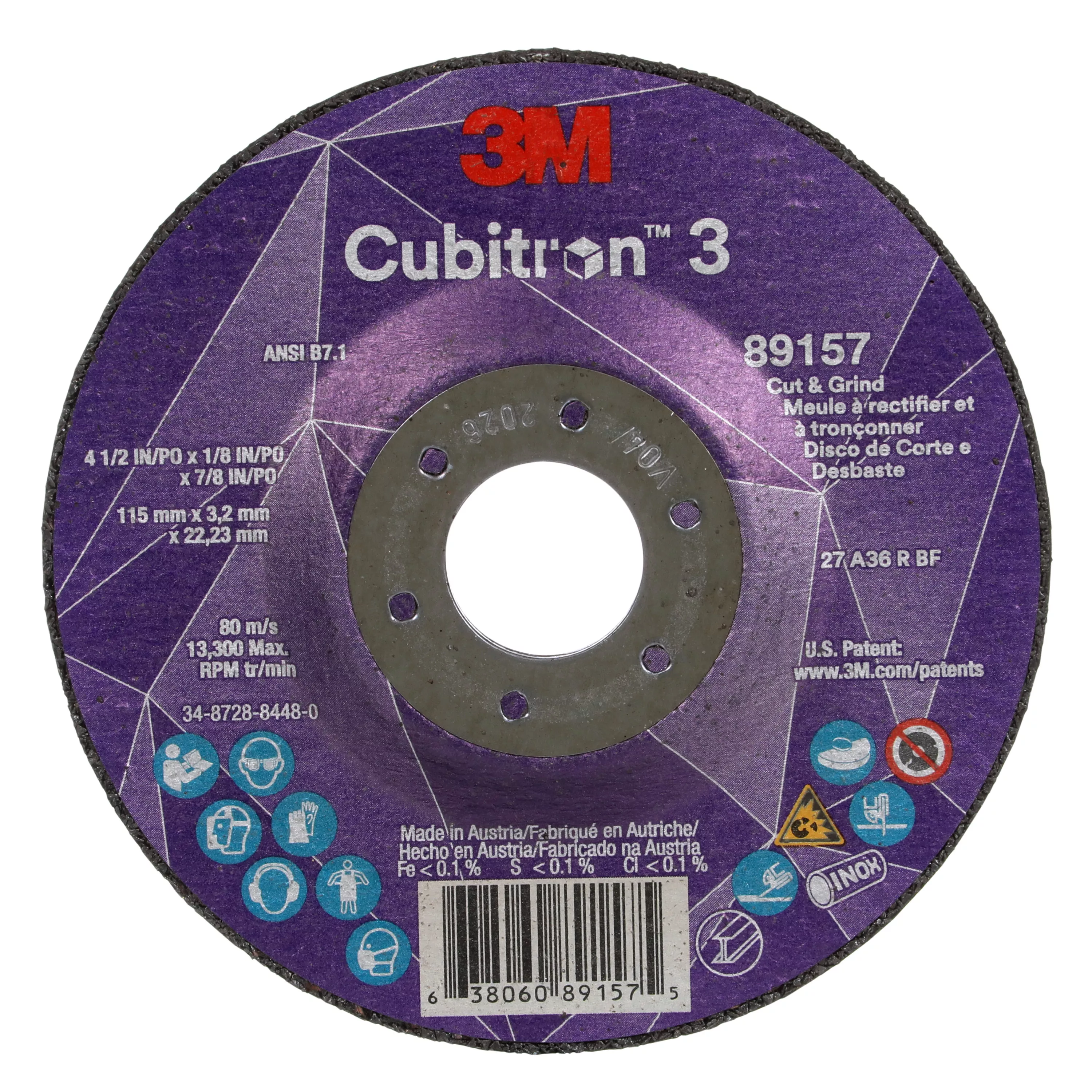 3M™ Cubitron™ 3 Cut and Grind Wheel, 89157, 36+, T27, 4-1/2 in x 1/8 in
x 7/8 in (115 x 3.2 x 22.23 mm), ANSI, 10/Pack, 20 ea/Case