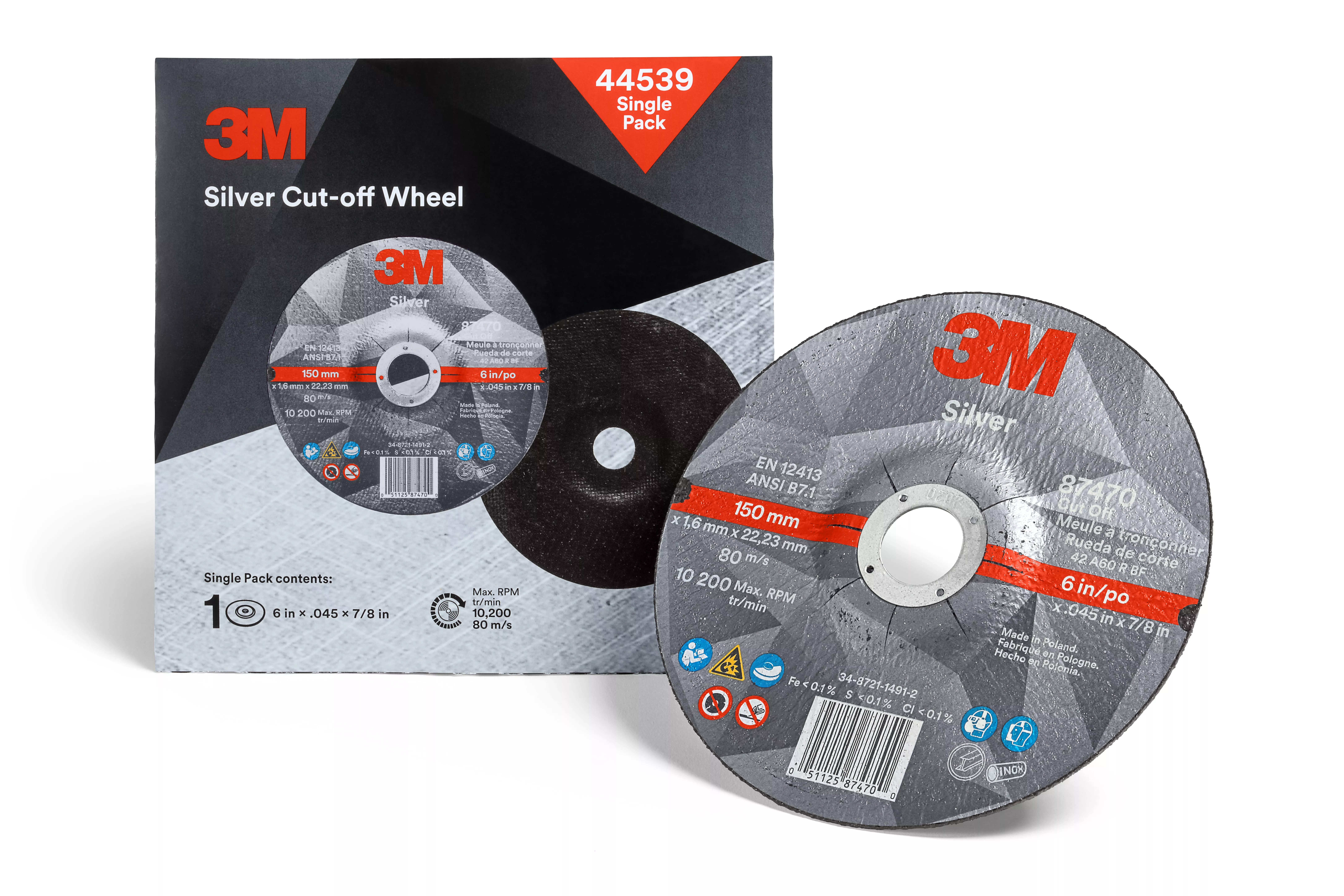 3M™ Silver Cut-Off Wheel, 44539, T27, 6 in x .045 in x 7/8 in, Single
Pack, 10 ea/Case