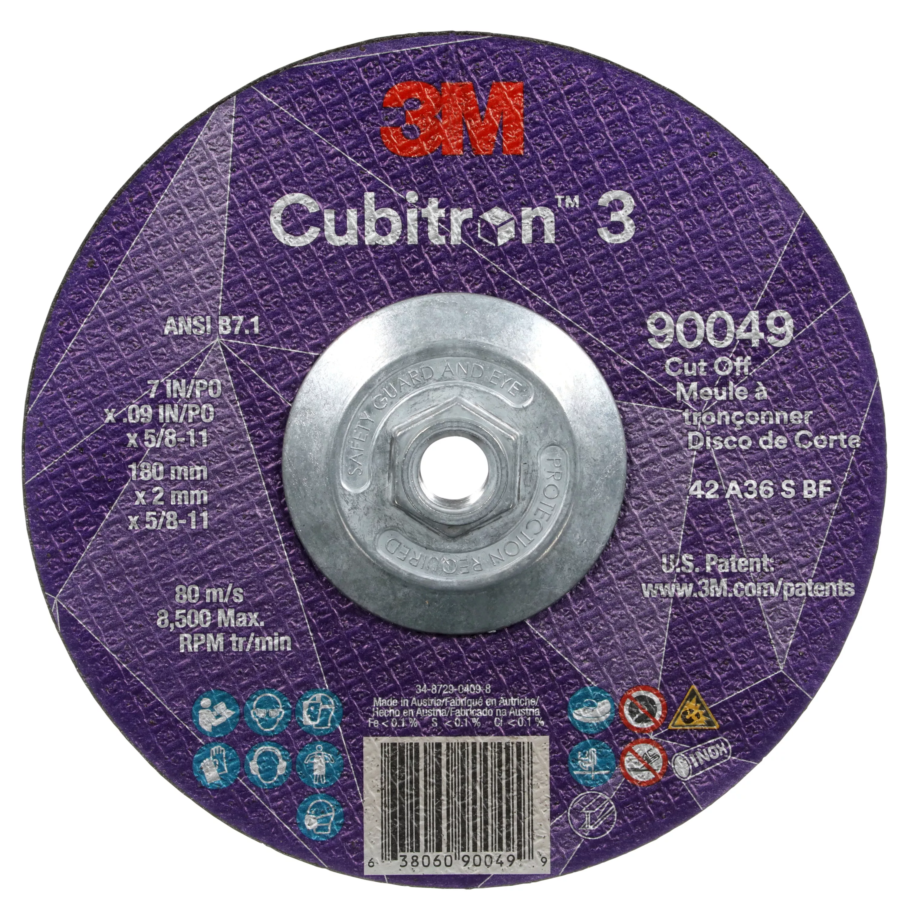 3M™ Cubitron™ 3 Cut-Off Wheel, 90049, 36+, T27, 7 in x 0.09 in x 5/8
in-11 (180 x 2 mm x 5/8-11 in), ANSI, 10 ea/Case