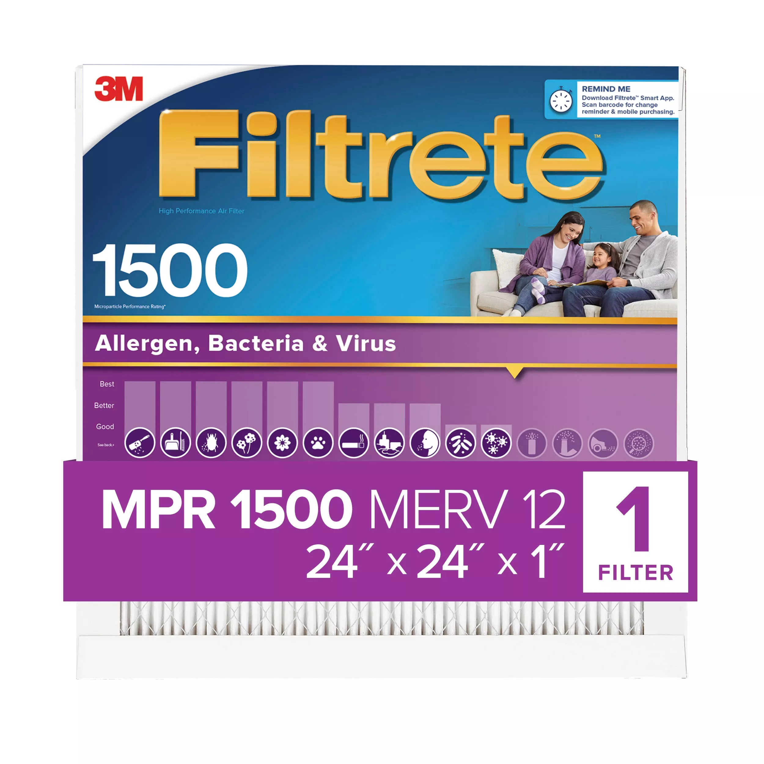 Filtrete™ High Performance Air Filter 1500 MPR 2012DC-6, 24 in x 24 in x 1 in (60.9 cm x 60.9 cm x 2.5 cm)