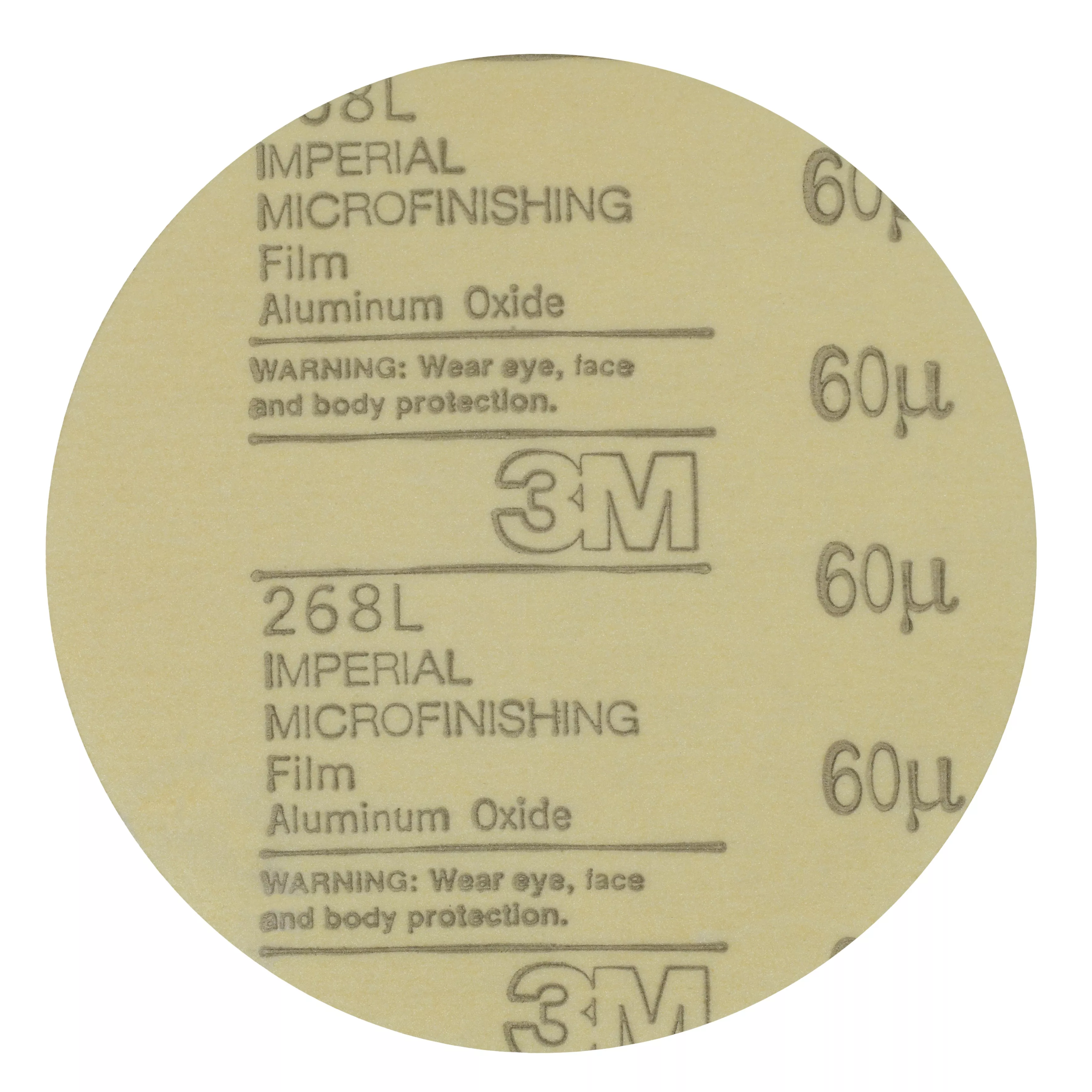 3M™ Microfinishing PSA Film Disc 268L, 60 Mic 3MIL, Type D, 12 in x NH,
Die 1200B, 25/Bag, 100 ea/Case