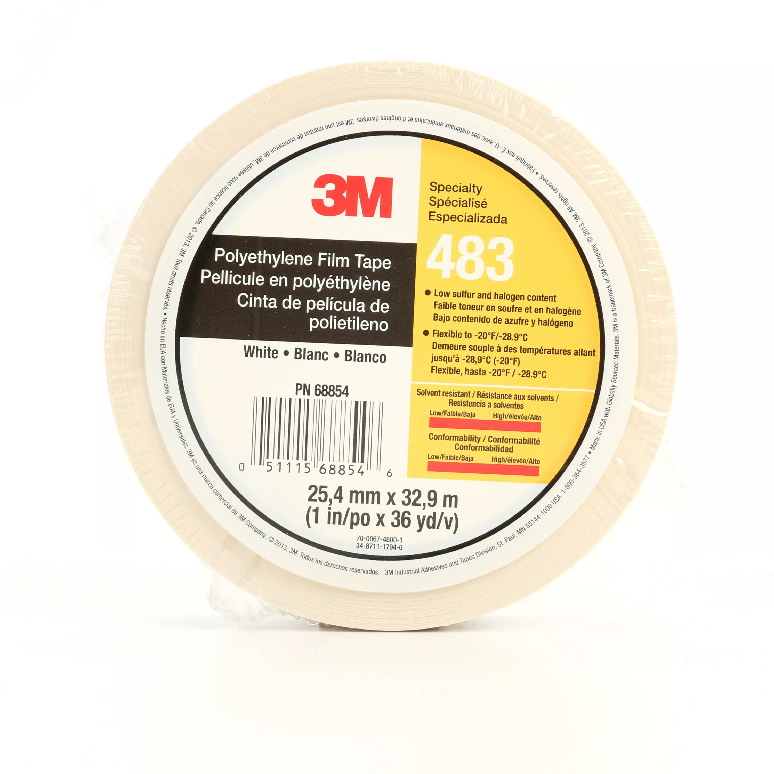 3M™ Polyethylene Tape 483, White, 1 in x 36 yd, 5.0 mil, 36 Roll/Case,
Individually Wrapped Conveniently Packaged