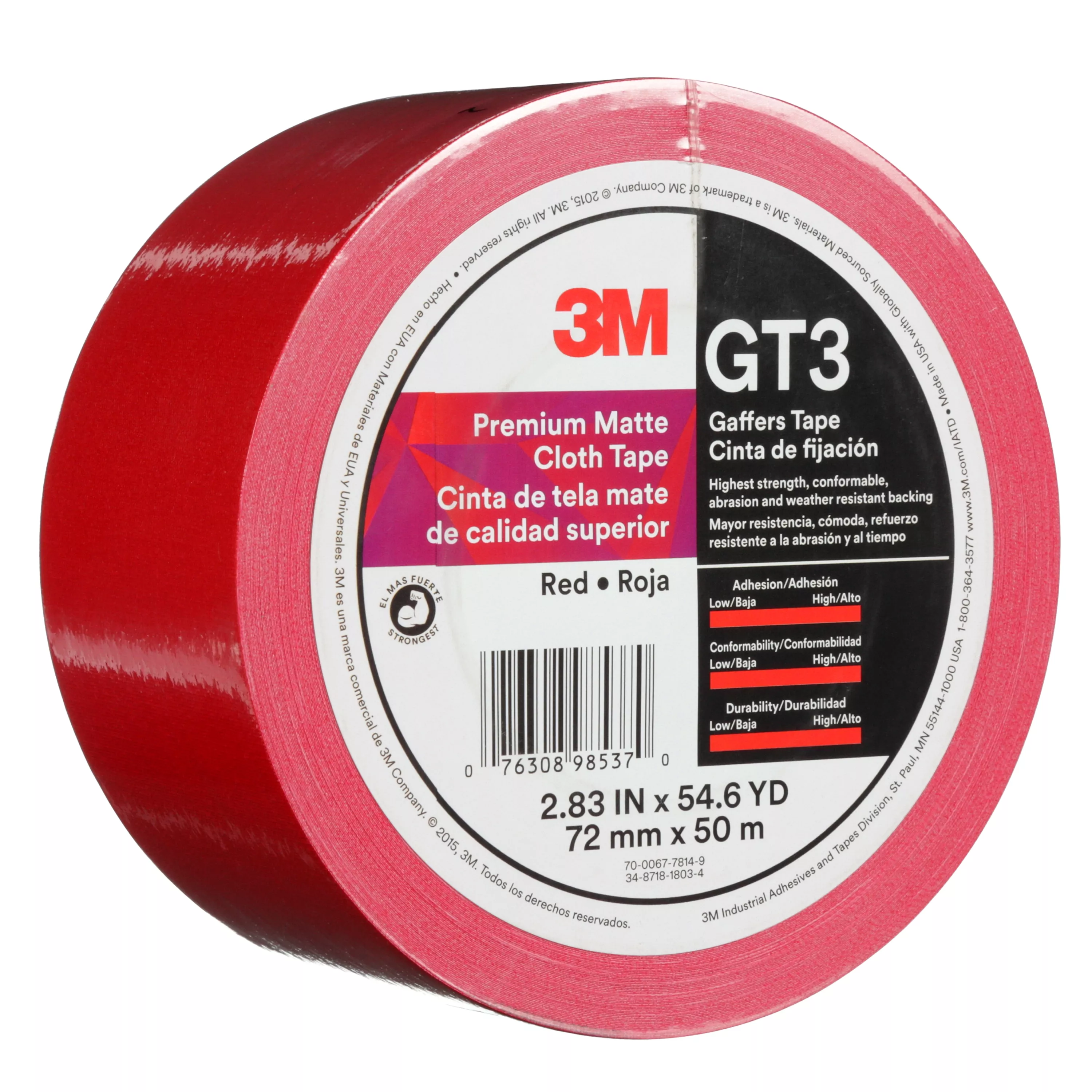 3M™ Premium Matte Cloth (Gaffers) Tape GT3, Red, 72 mm x 50 m, 11 mil,
16/Case