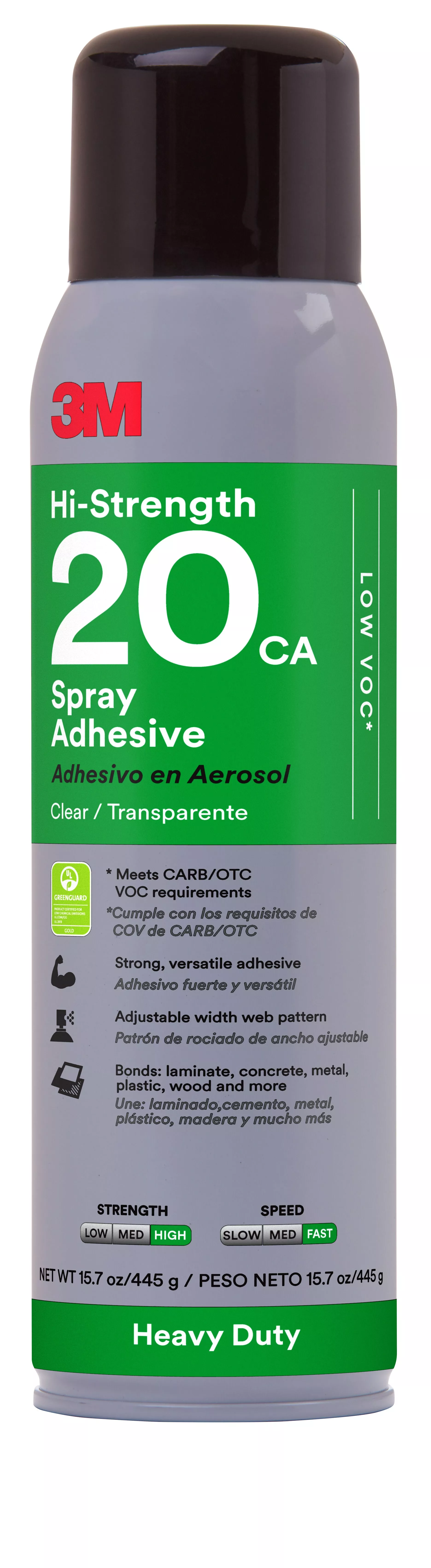 3M™ Heavy Duty Spray Adhesive 20CA, Clear, 16 fl oz Can (Net Wt 15.7
oz), 12/Case