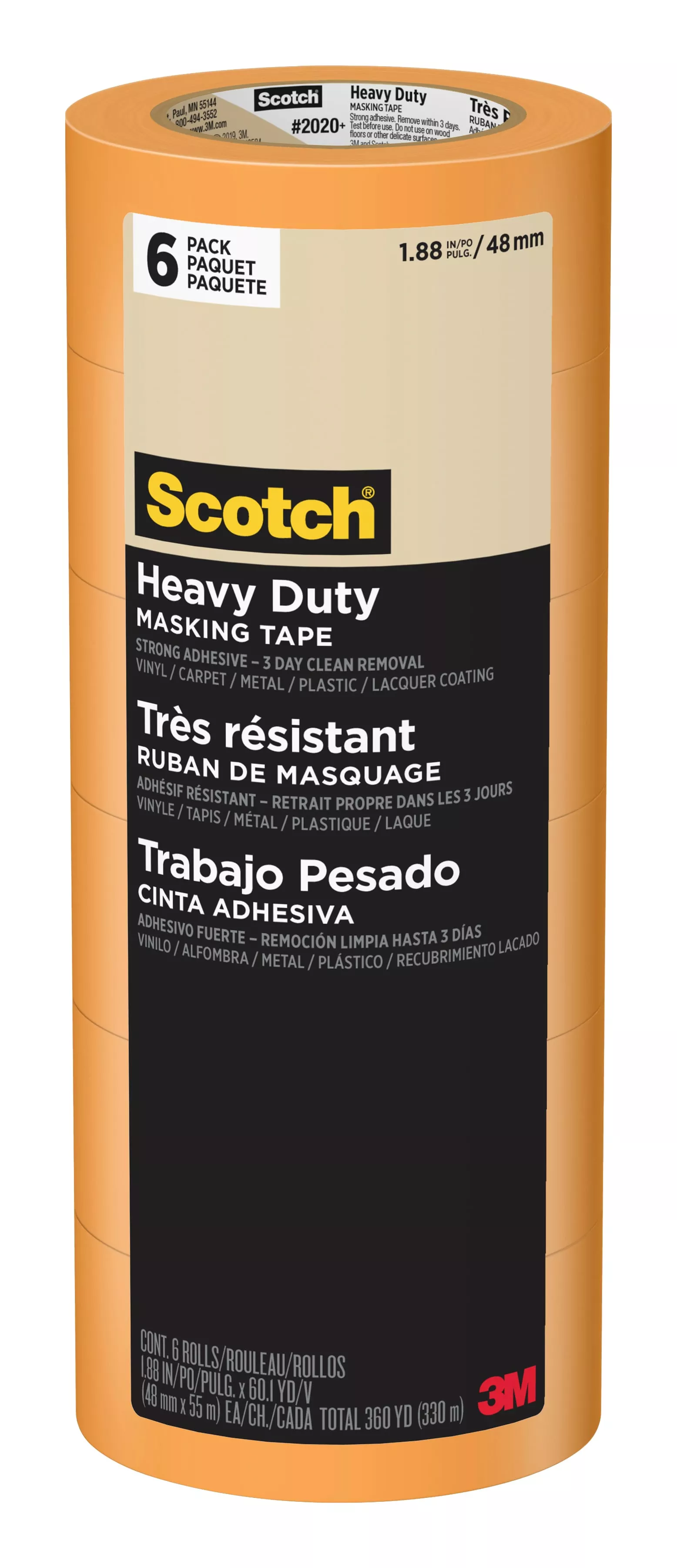 Scotch® Heavy Duty Masking Tape 2020+-48TP6, 1.88 in x 60.1 yd (48mm x
55m), 6 rolls/pack