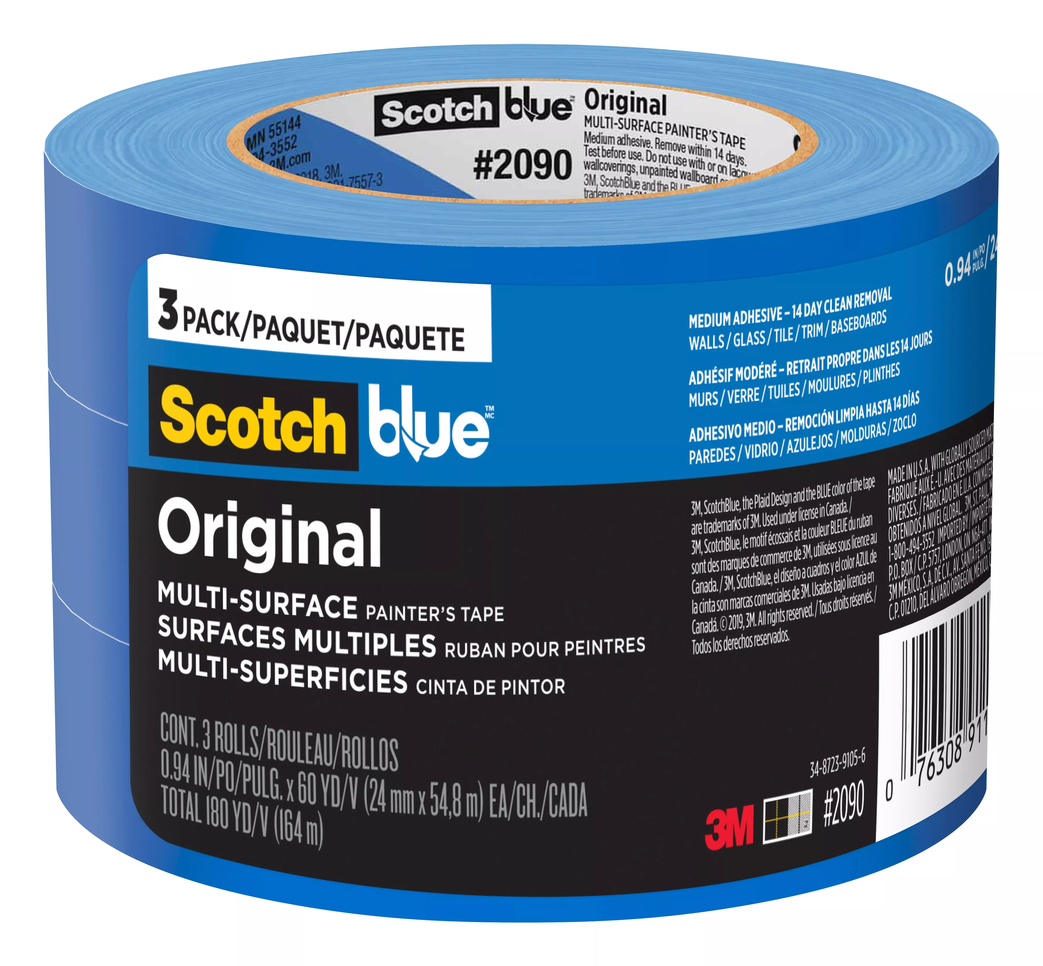 ScotchBlue™ Original Painter's Tape 2090-24EC3, 0.94 in x 60 yd (24mm x 54,8m), 3 rolls/pack