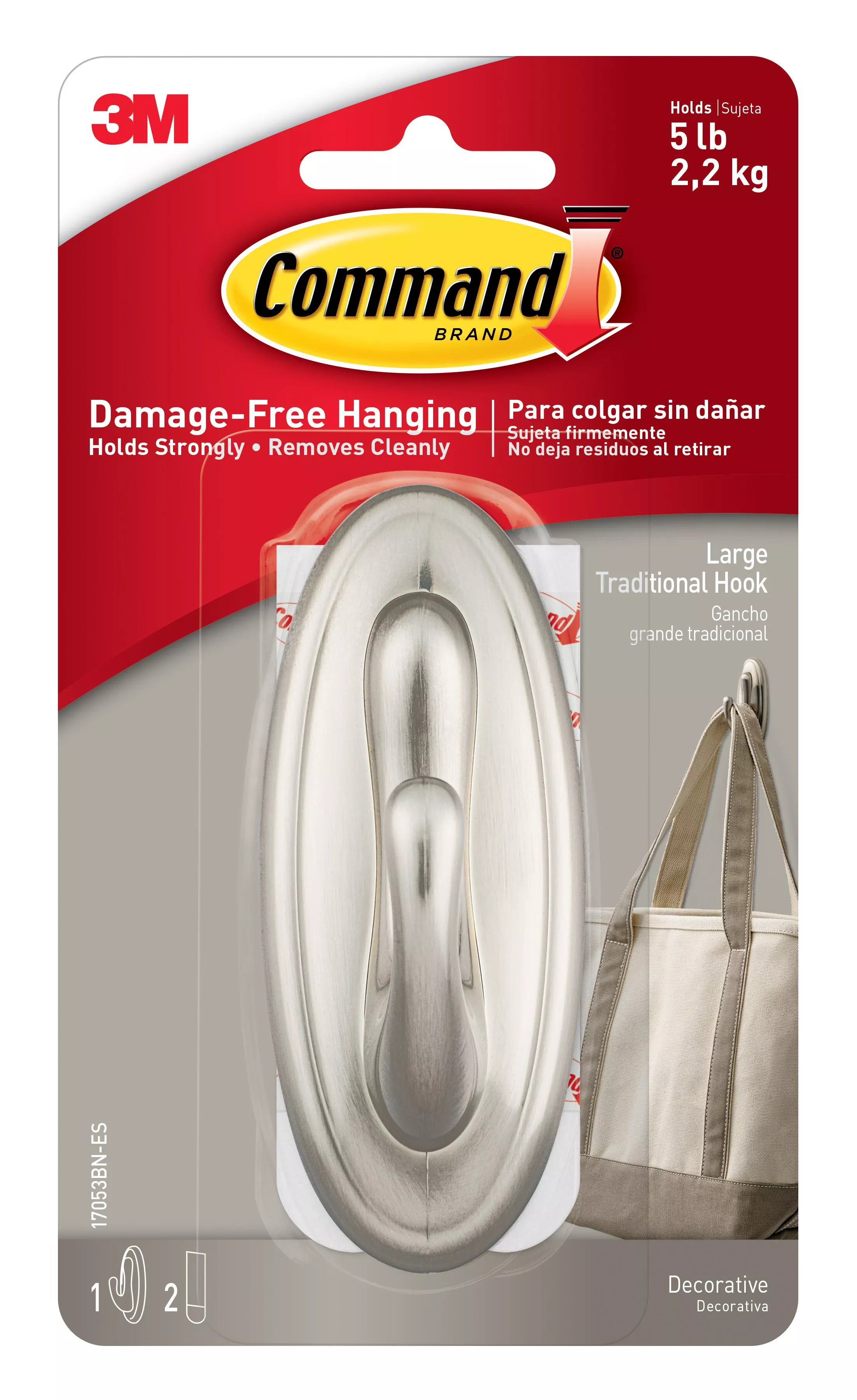 Command™ Traditional Hook 17053BN Large Brushed Nickel