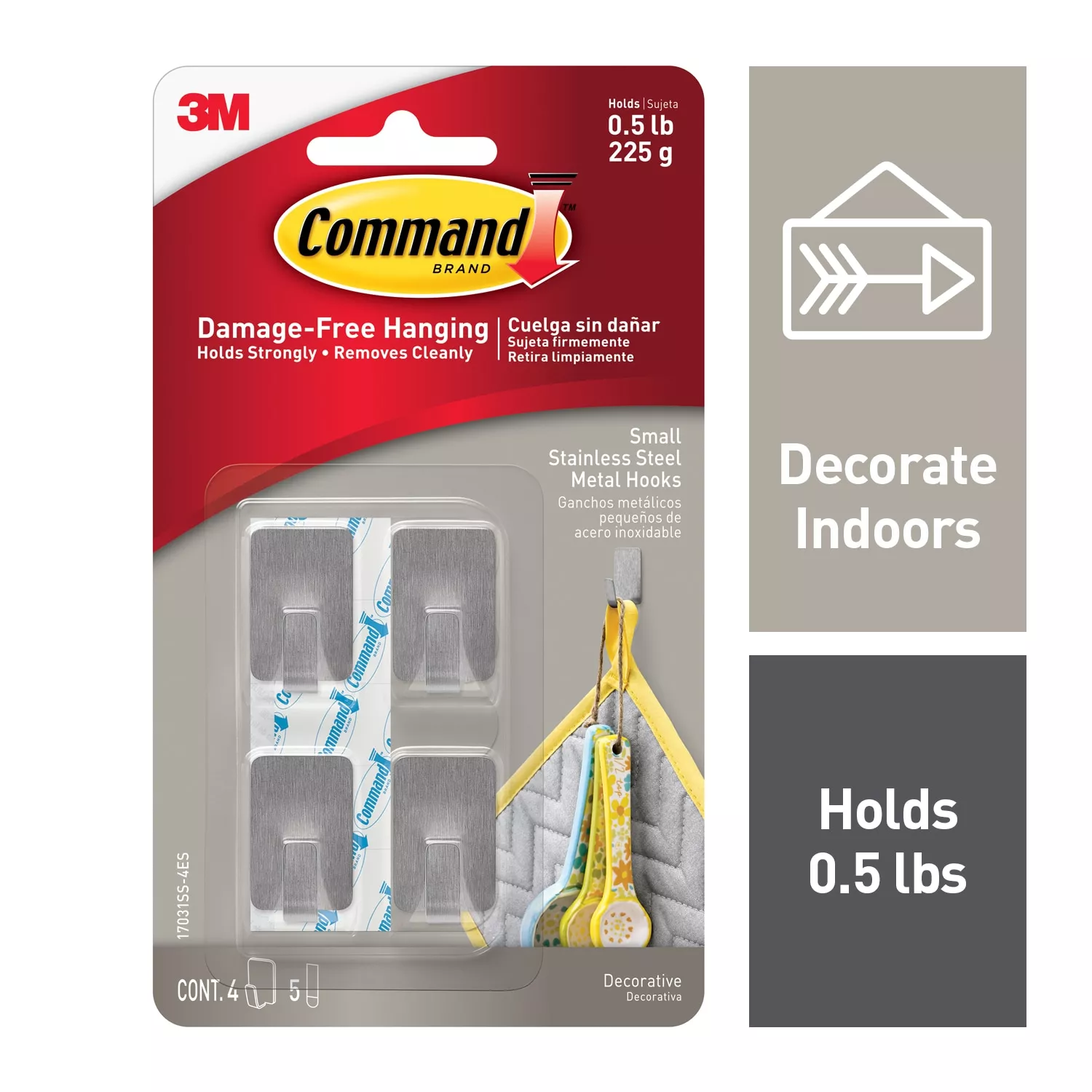 Command™ Small Stainless Steel Metal Hooks, 17031SS-4ES, 4 Hooks, 5
Strips