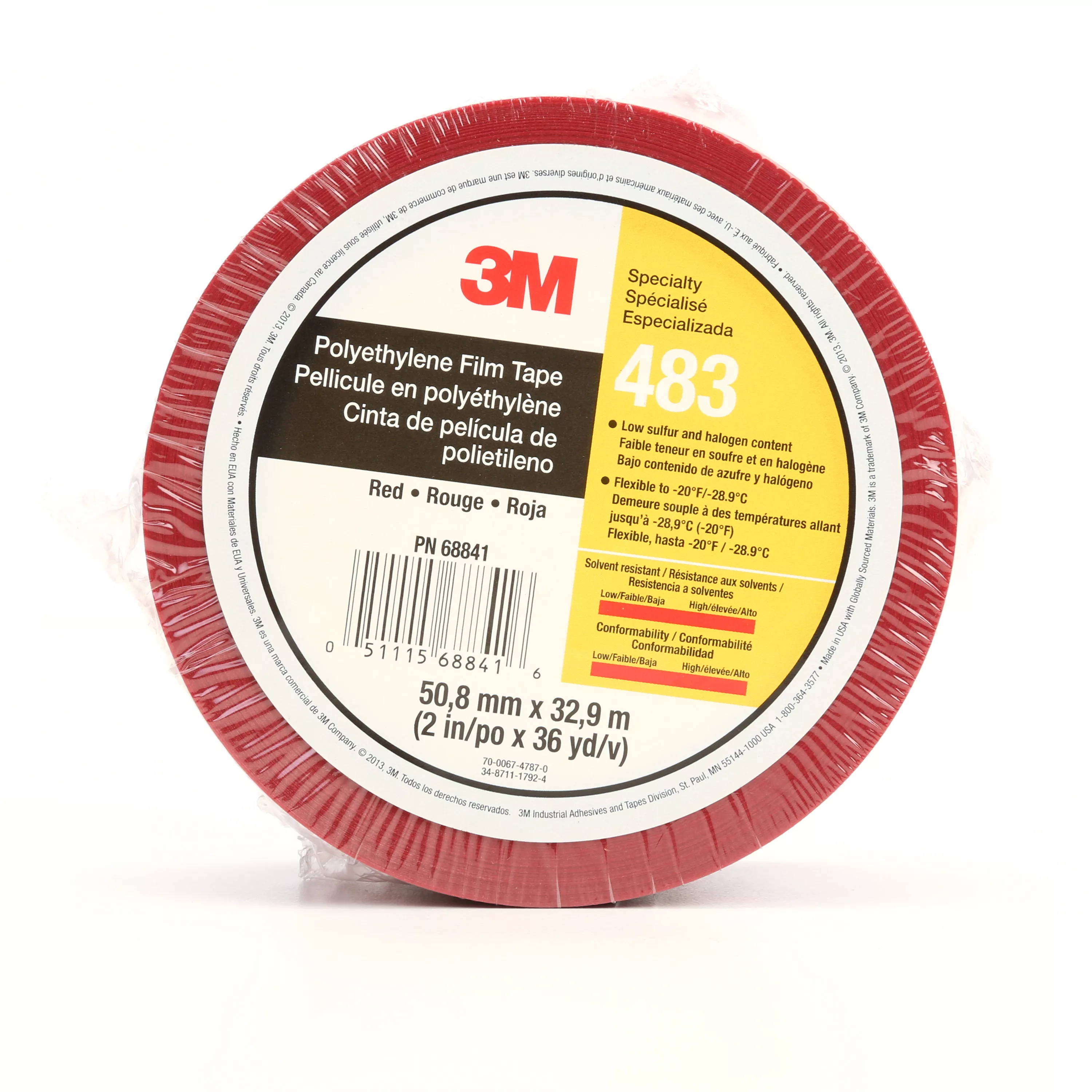 3M™ Polyethylene Tape 483, Red, 2 in x 36 yd, 5.0 mil, 24 Roll/Case,
Individually Wrapped Conveniently Packaged