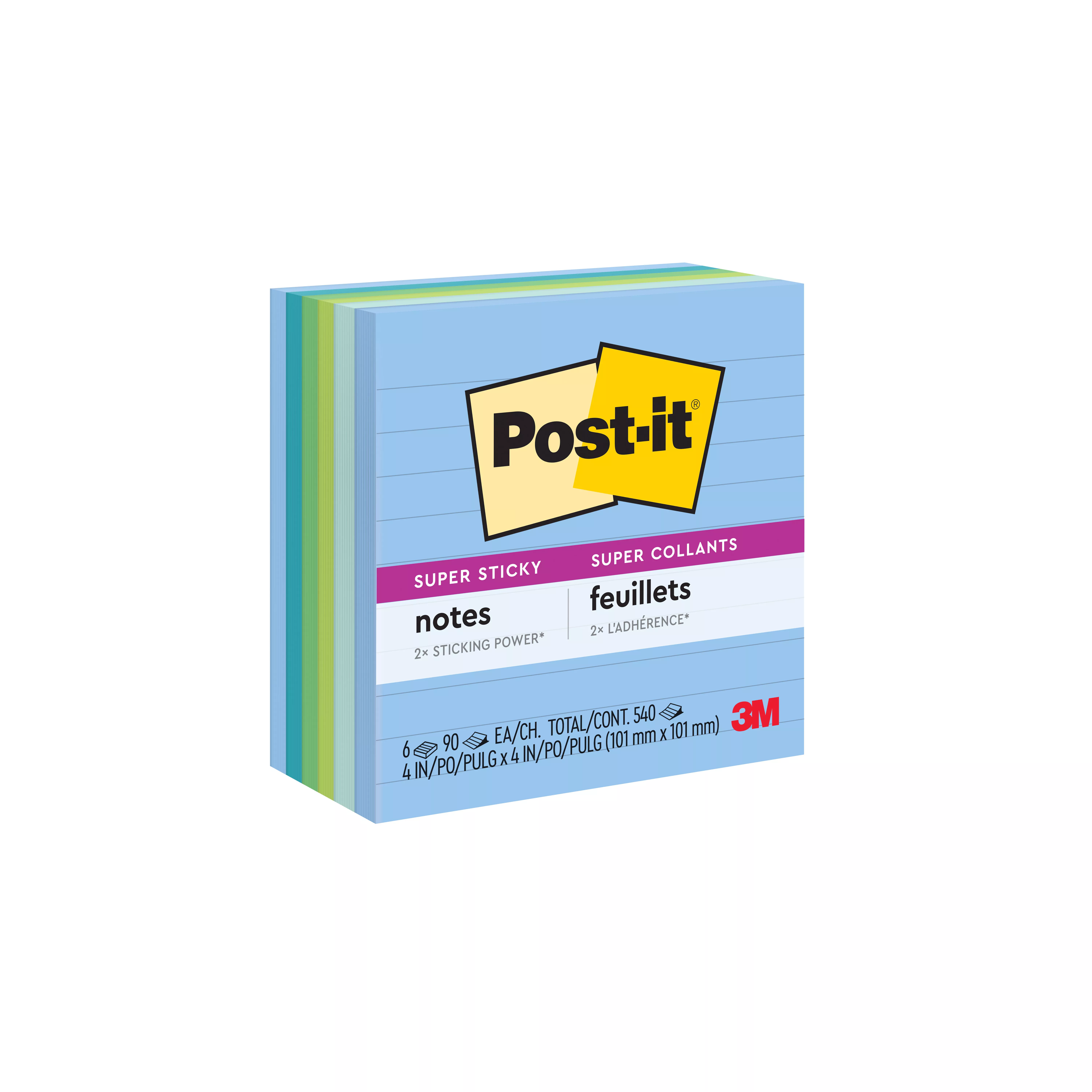 Post-it® Super Sticky Recycled Notes 675-6SST, 4 in x 4 in, Oasis Collection, Lined, 6 Pads/Pack, 90 Sheets/Pad