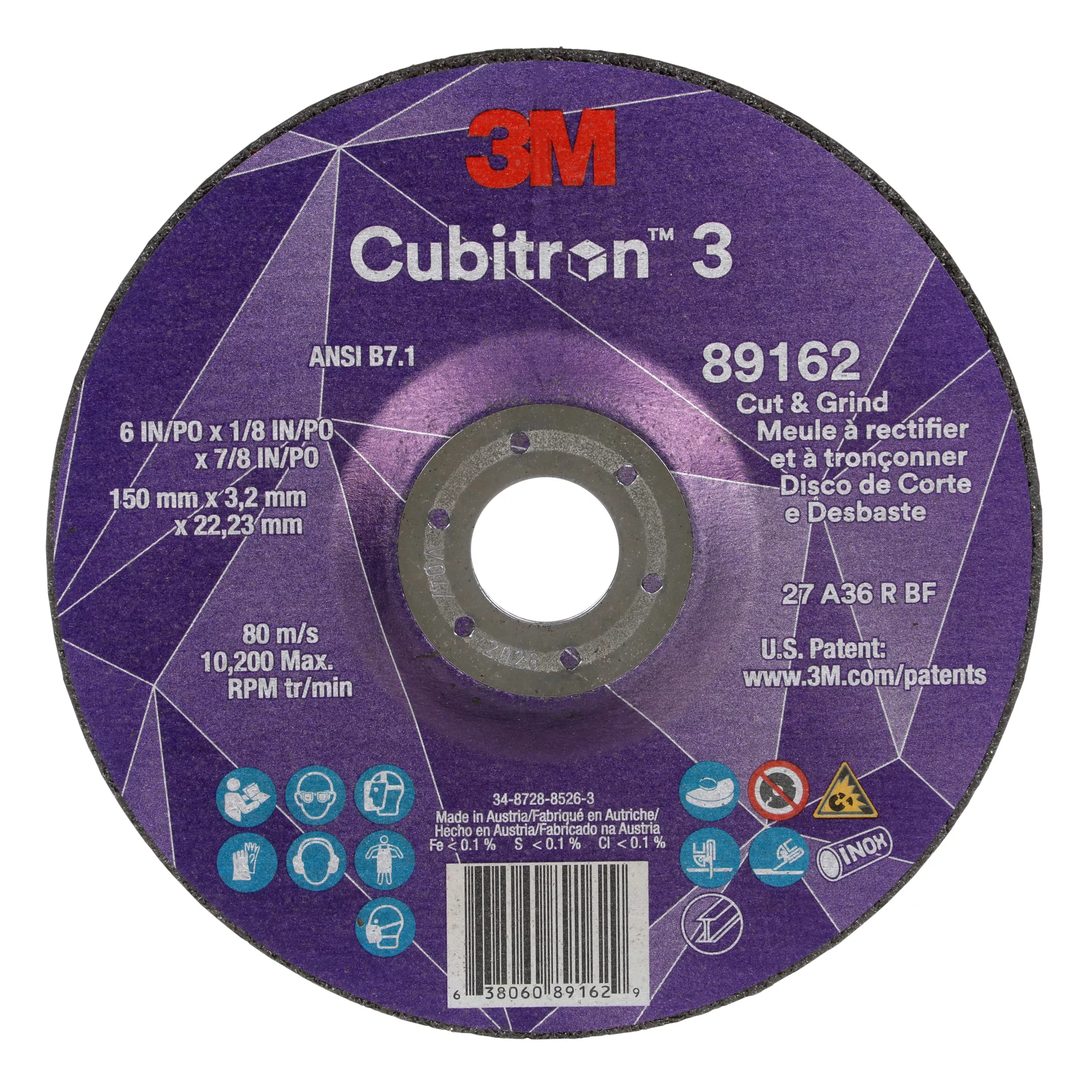 3M™ Cubitron™ 3 Cut and Grind Wheel, 89162, 36+, T27, 6 in x 1/8 in x
7/8 in (150 x 3.2 x 22.23 mm), ANSI, 10/Pack, 20 ea/Case