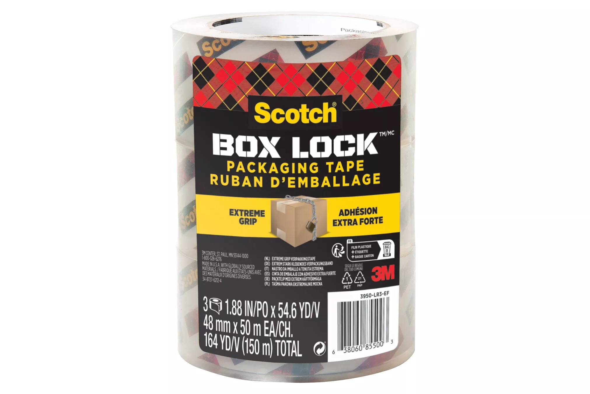 Scotch® Box Lock™ Packaging Tape 3950-LR3-EF, 1.88 in x 54.6 yd (48 mm x 50 m), 3 Pack