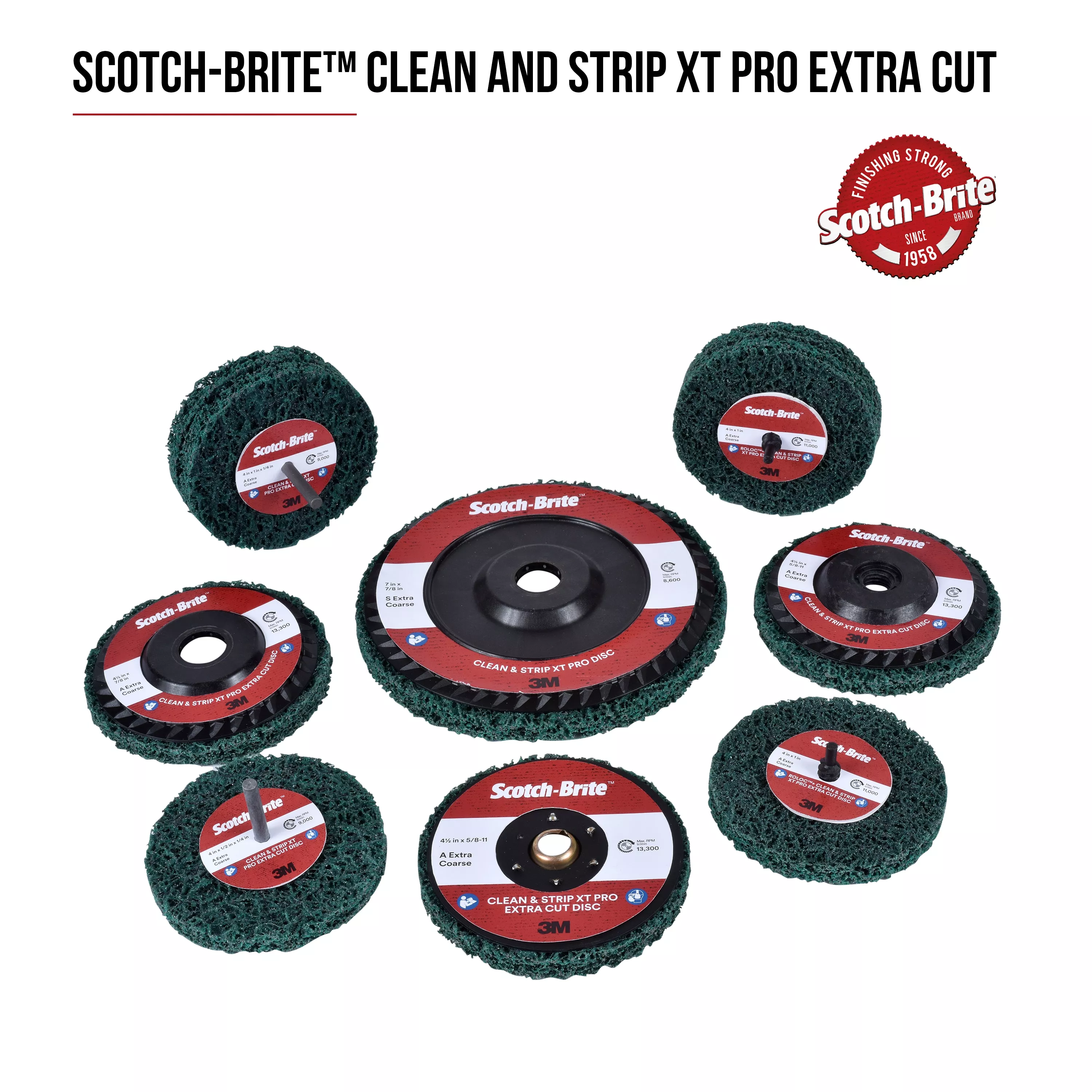 Scotch-Brite™ Clean and Strip XT Pro Extra Cut Disc, XC-DC, A/O Extra
Coarse, Green, 3 in x 1/2 in, 50 ea/Case