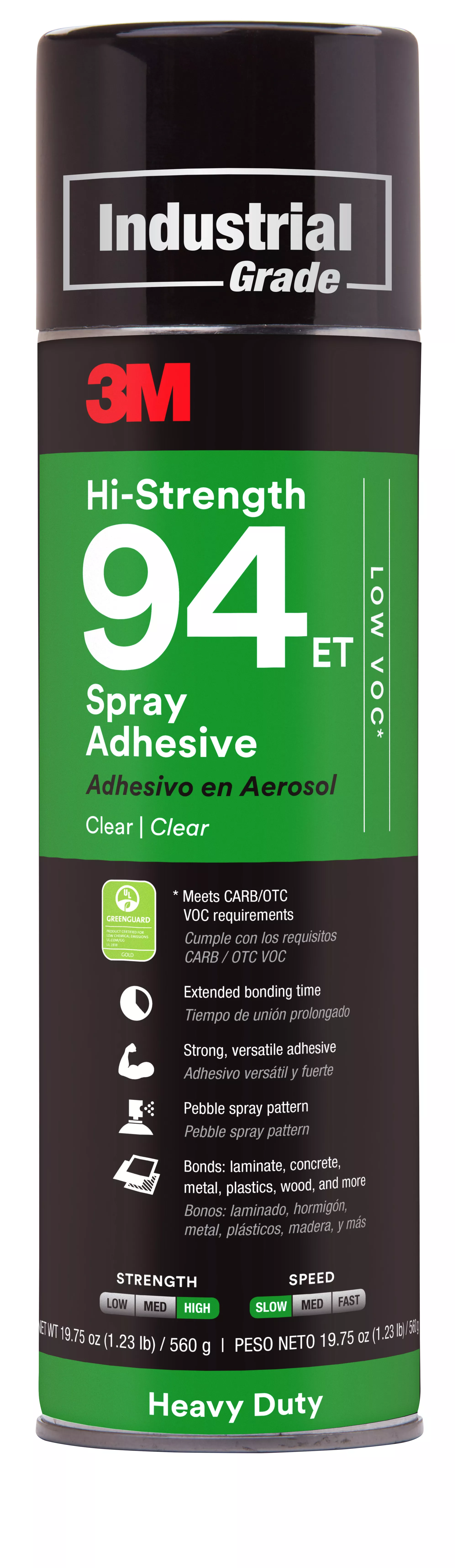 3M™ Hi-Strength Spray Adhesive 94ET, Low VOC <20%, Clear, 24 fl oz (Net
Wt 19.8 oz), 12 Can/Case