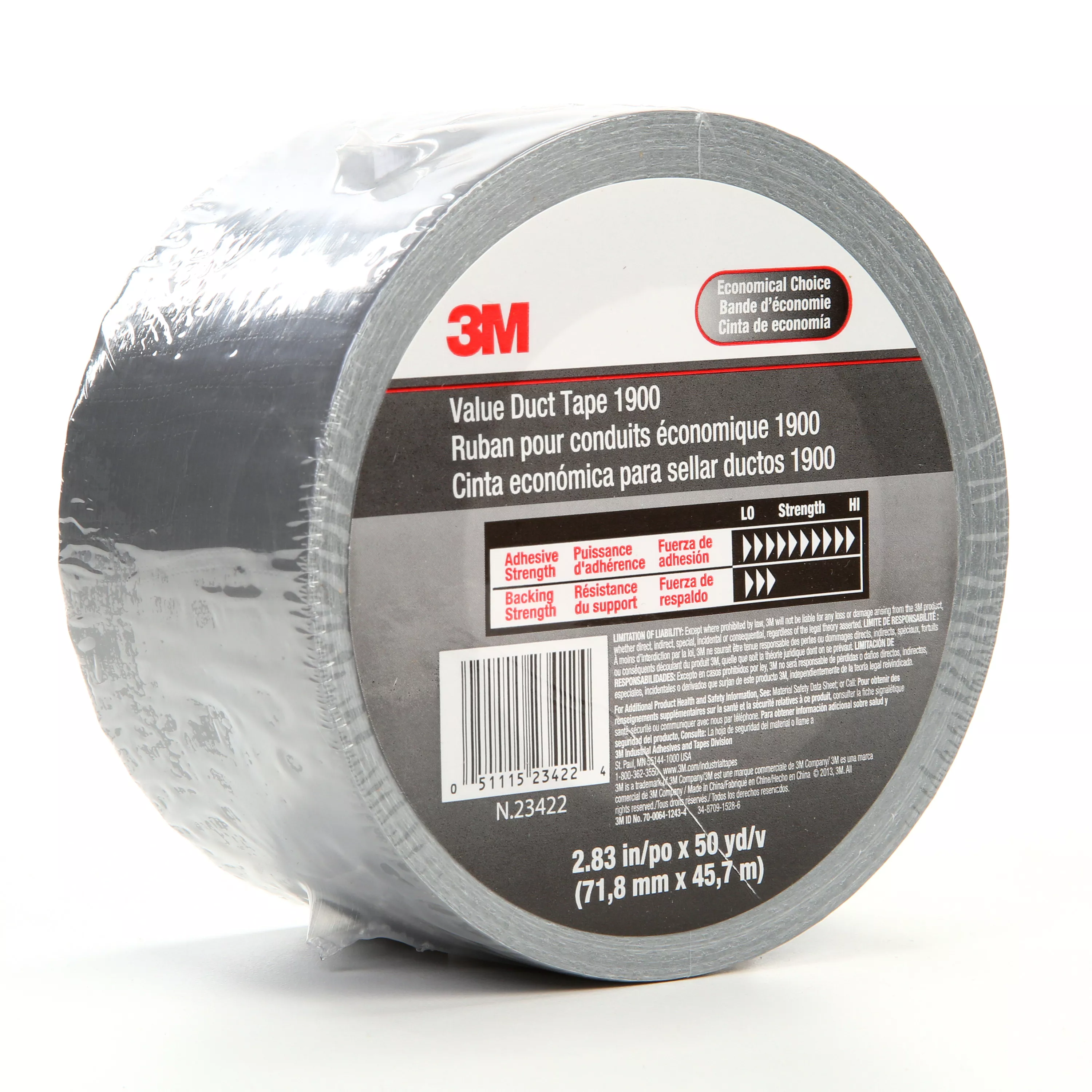 3M™ Value Duct Tape 1900, Silver, 2.83 in x 50 yd, 5.8 mil, 12/Case,
Individually Wrapped Conveniently Packaged