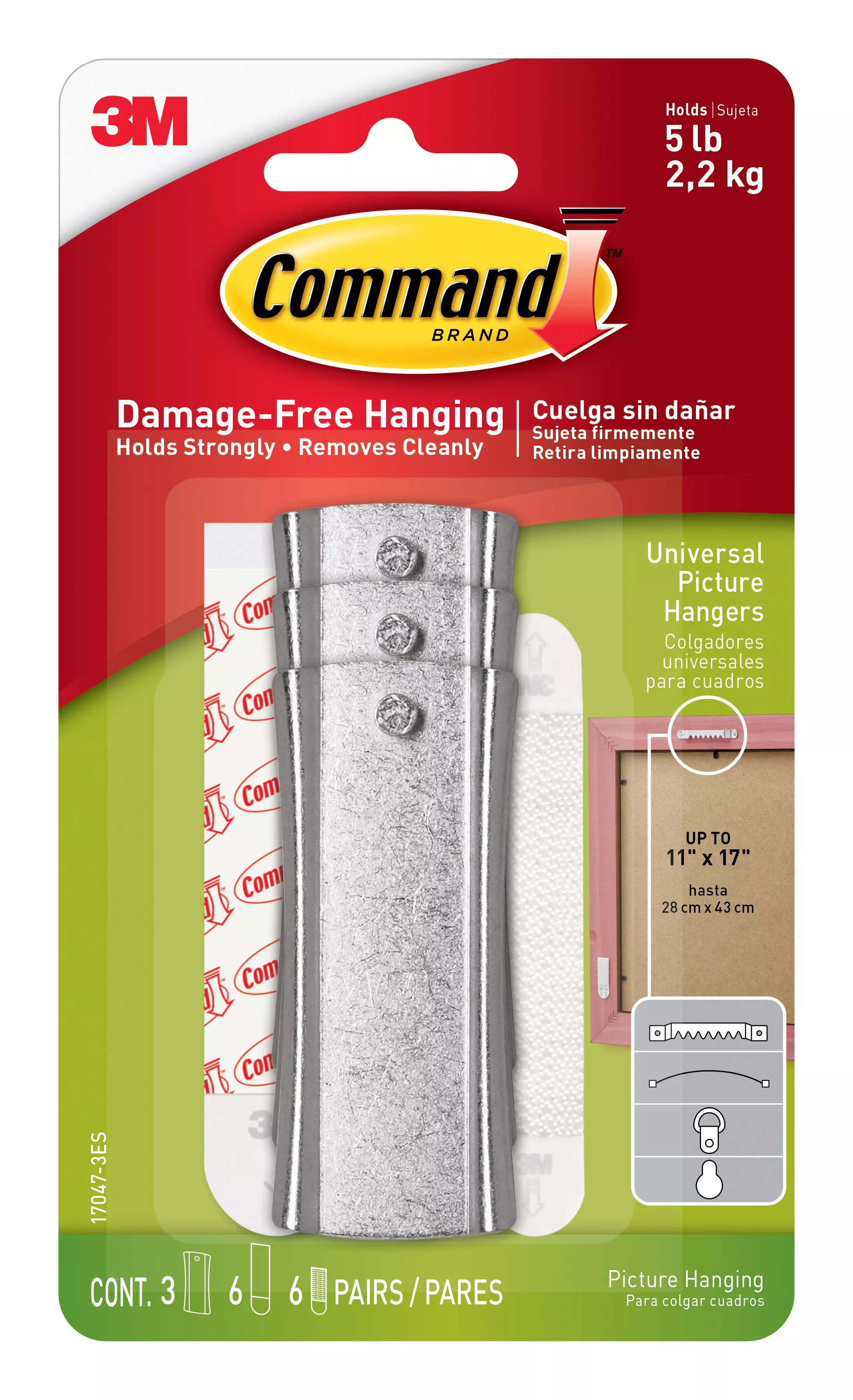 Command™ Universal Picture Hangers, 3 hangers, 6 strips, 6 stabilizer pairs, 17047-3ES