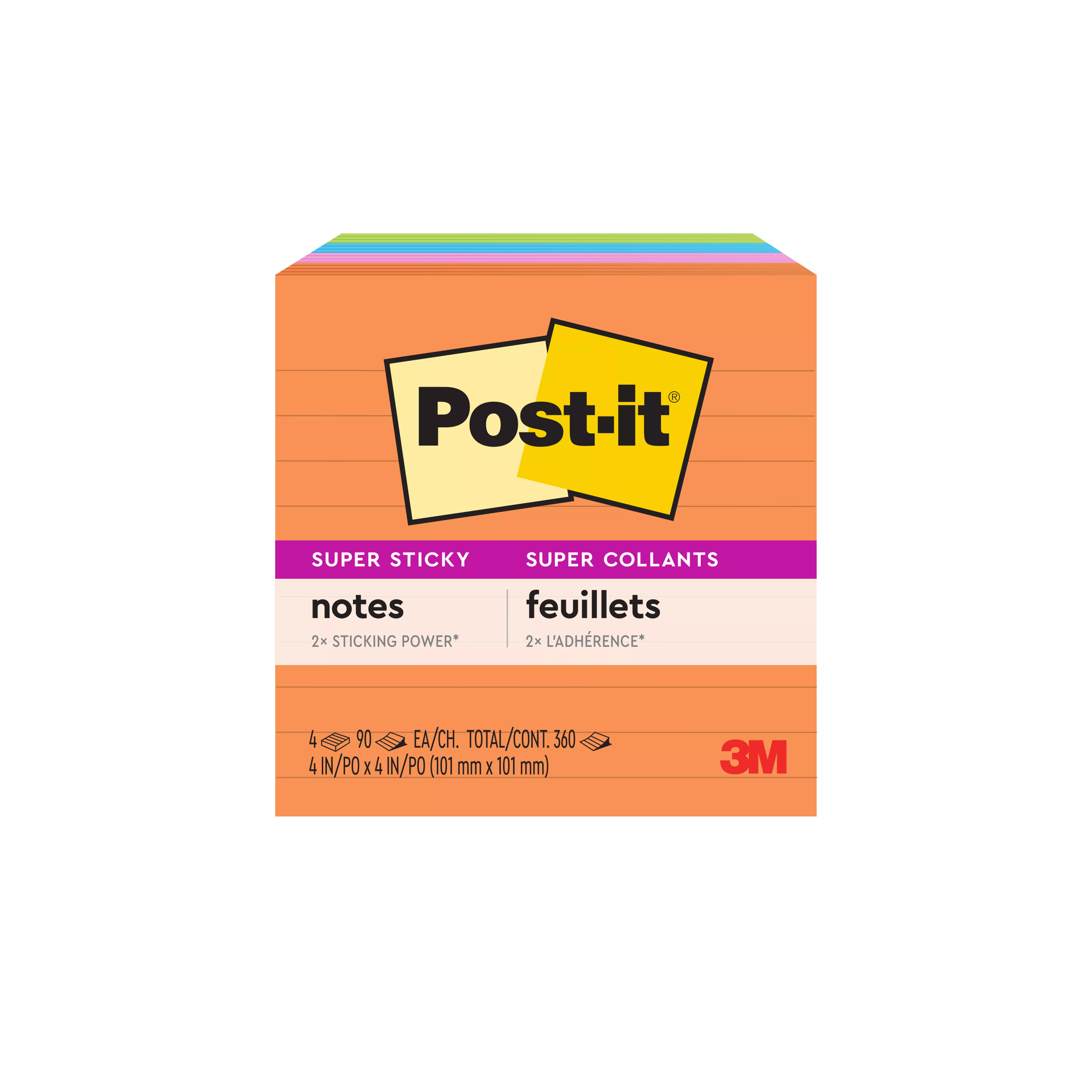 Post-it® Super Sticky Notes 675-4SSUC, 4 in x 4 in (101 mm x 101 mm), Energy Boost Collection, Lined, 4 Pads/Pk