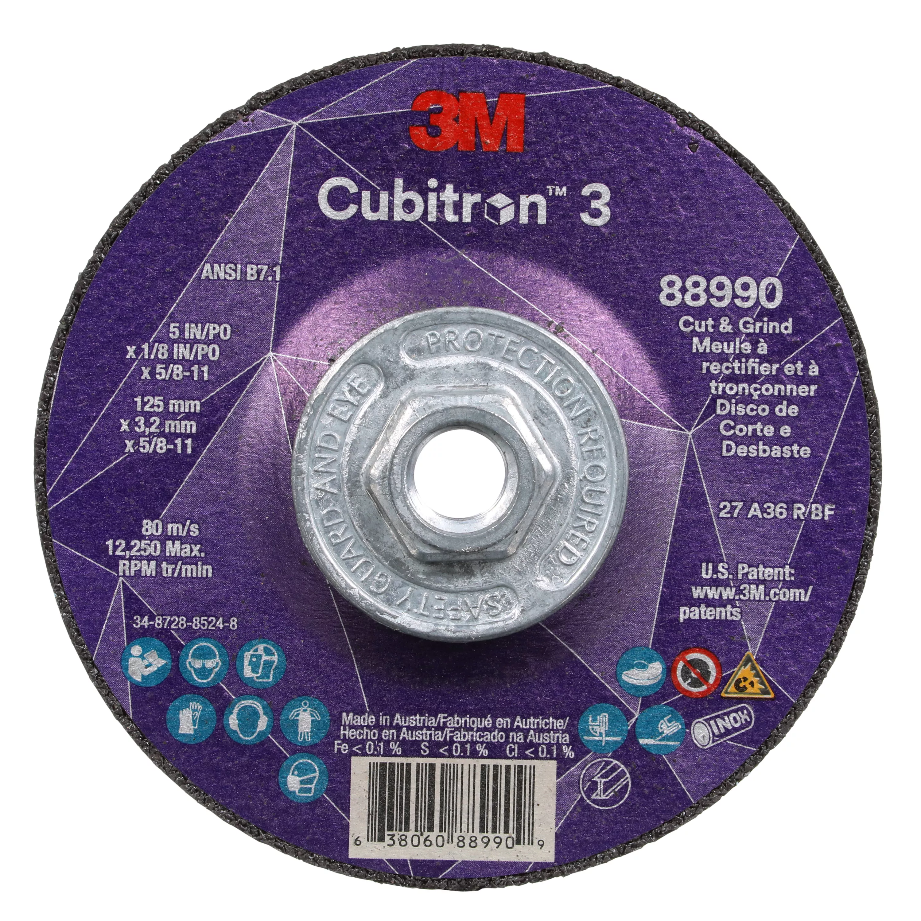3M™ Cubitron™ 3 Cut and Grind Wheel, 88990, 36+, T27, 5 in x 1/8 in x
5/8 in-11 (125 x 3.2 mm x 5/8-11 in), ANSI, 10 ea/Case